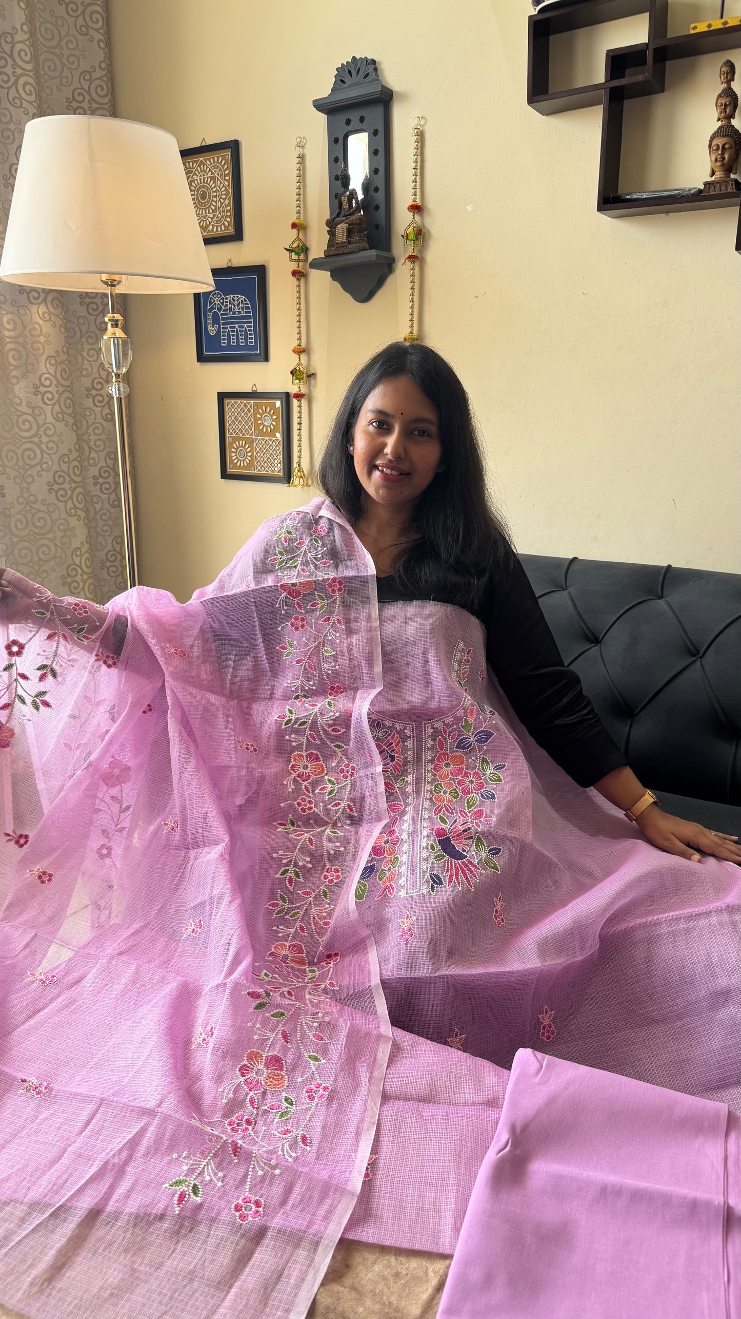 Soft Lavender Kota Doria 3 Piece Suit Set with Bird Motif and Kota Doria Dupatta