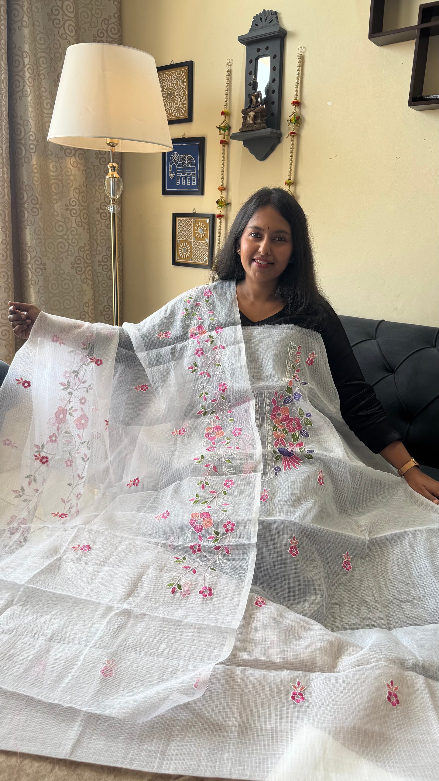 Angel White Kota Doria 3 Piece Suit Set with Bird Motif and Kota Doria Dupatta