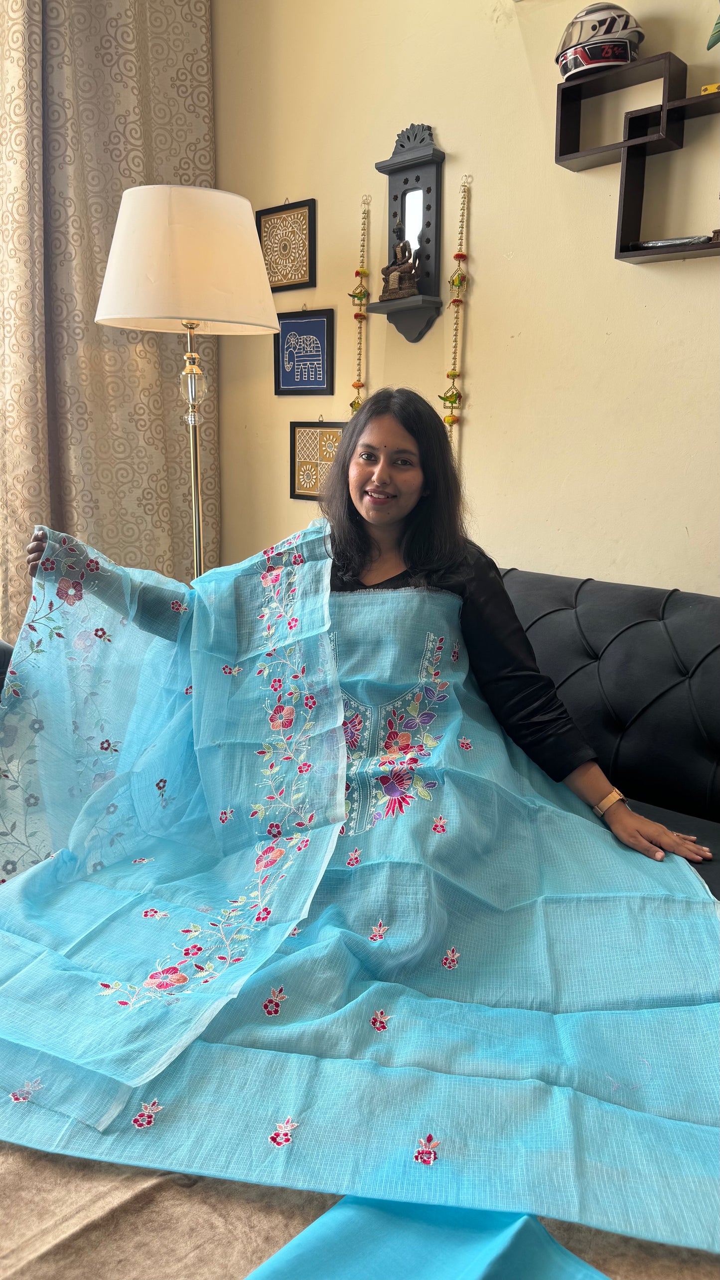 Sky Blue Kota Doria 3 Piece Suit Set with Bird Motif and Kota Doria Dupatta