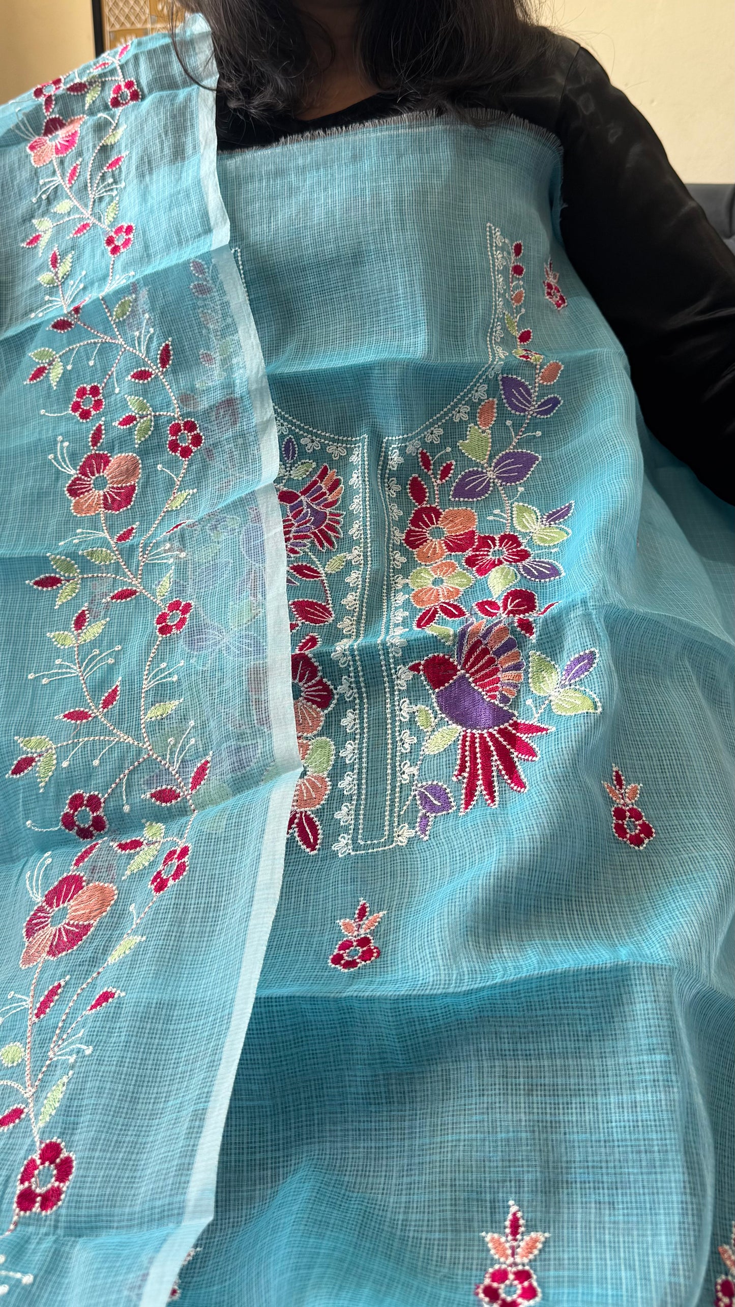 Sky Blue Kota Doria 3 Piece Suit Set with Bird Motif and Kota Doria Dupatta
