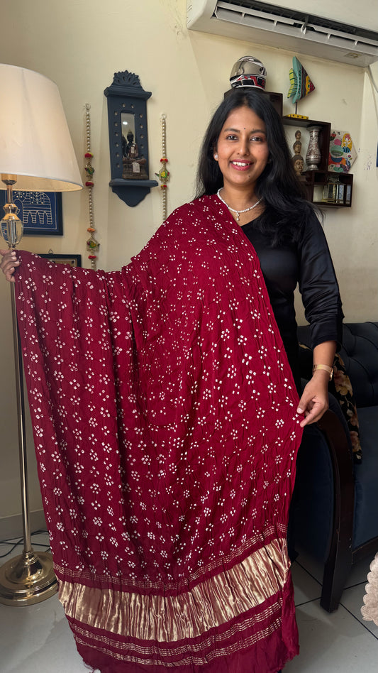 Deep Maroon Shade Bandhej Modal Silk Dupatta with Lagdi Patti