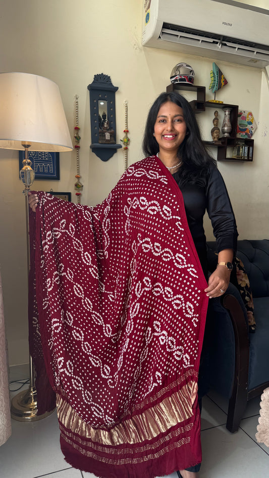 Deep Red Shade Bandhej Modal Silk Dupatta with Lagdi Patti