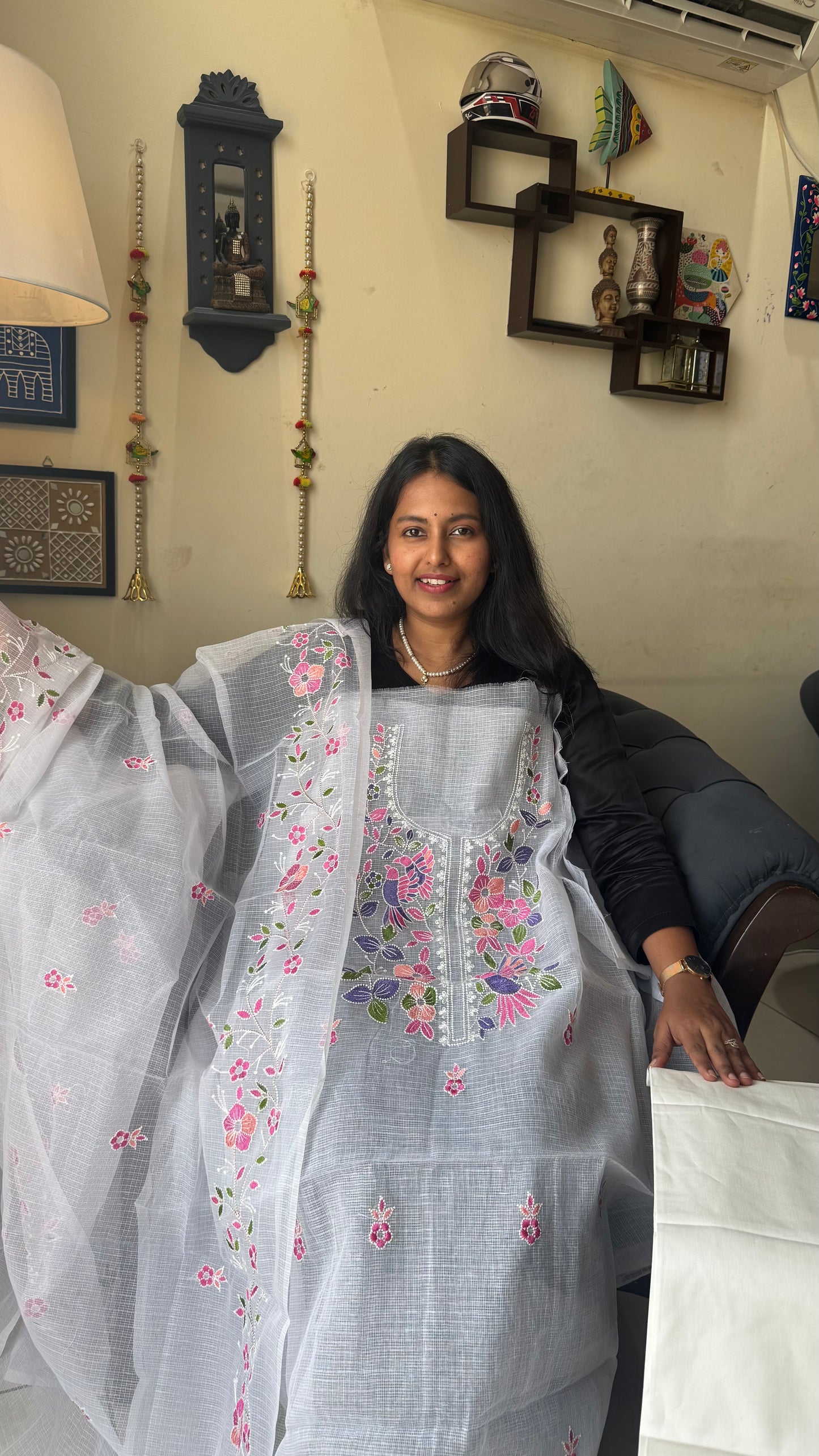 Angel White Kota Doria 3 Piece Suit Set with Bird Motif and Kota Doria Dupatta