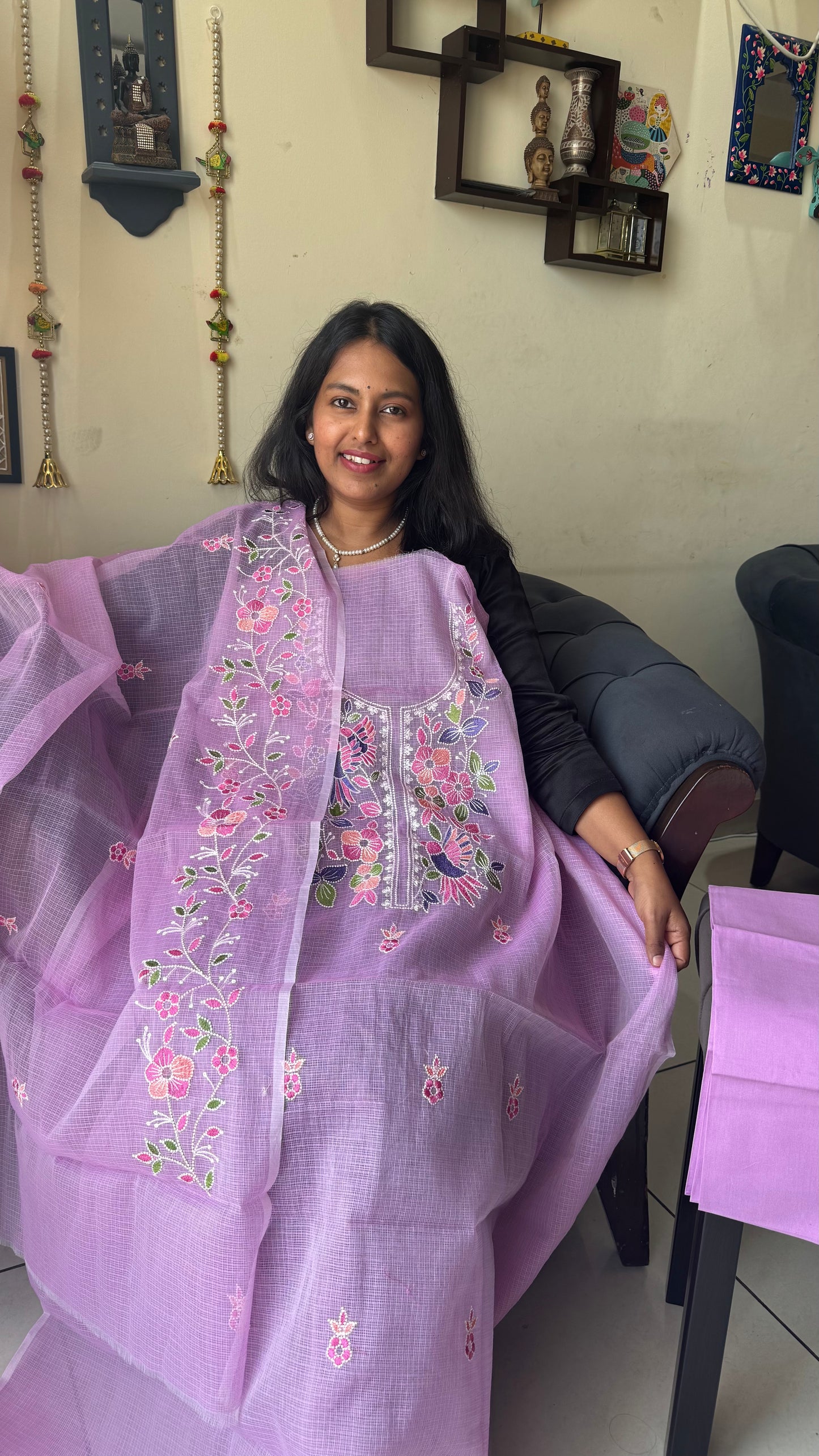 Soft Lavender Kota Doria 3 Piece Suit Set with Bird Motif and Kota Doria Dupatta