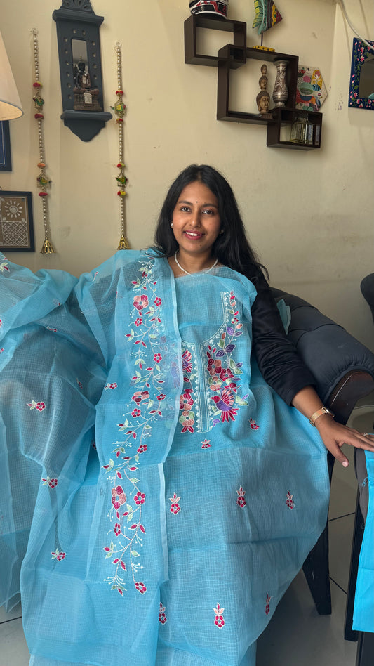 Sky Blue Kota Doria 3 Piece Suit Set with Bird Motif and Kota Doria Dupatta