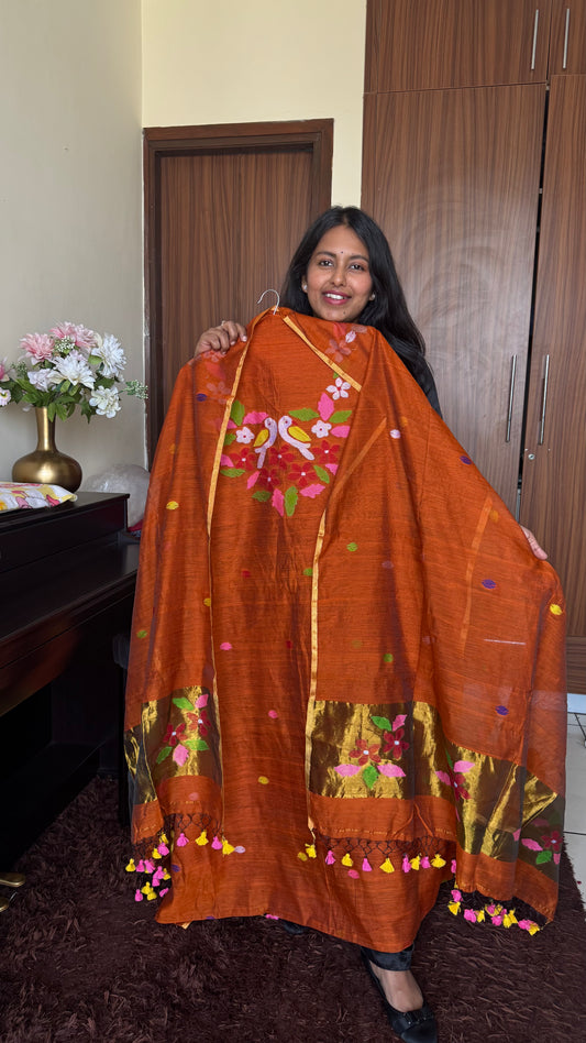 Rust Orange Jamdaani Resham Muslin with Paithani Dupatta-2Pc