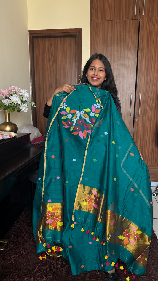 Cyan Green Jamdaani Resham Muslin with Paithani Dupatta-2Pc