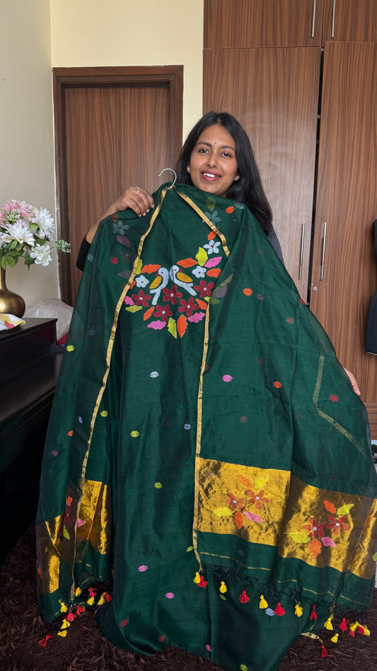 Forest Green Jamdaani Resham Muslin with Paithani Dupatta-2Pc