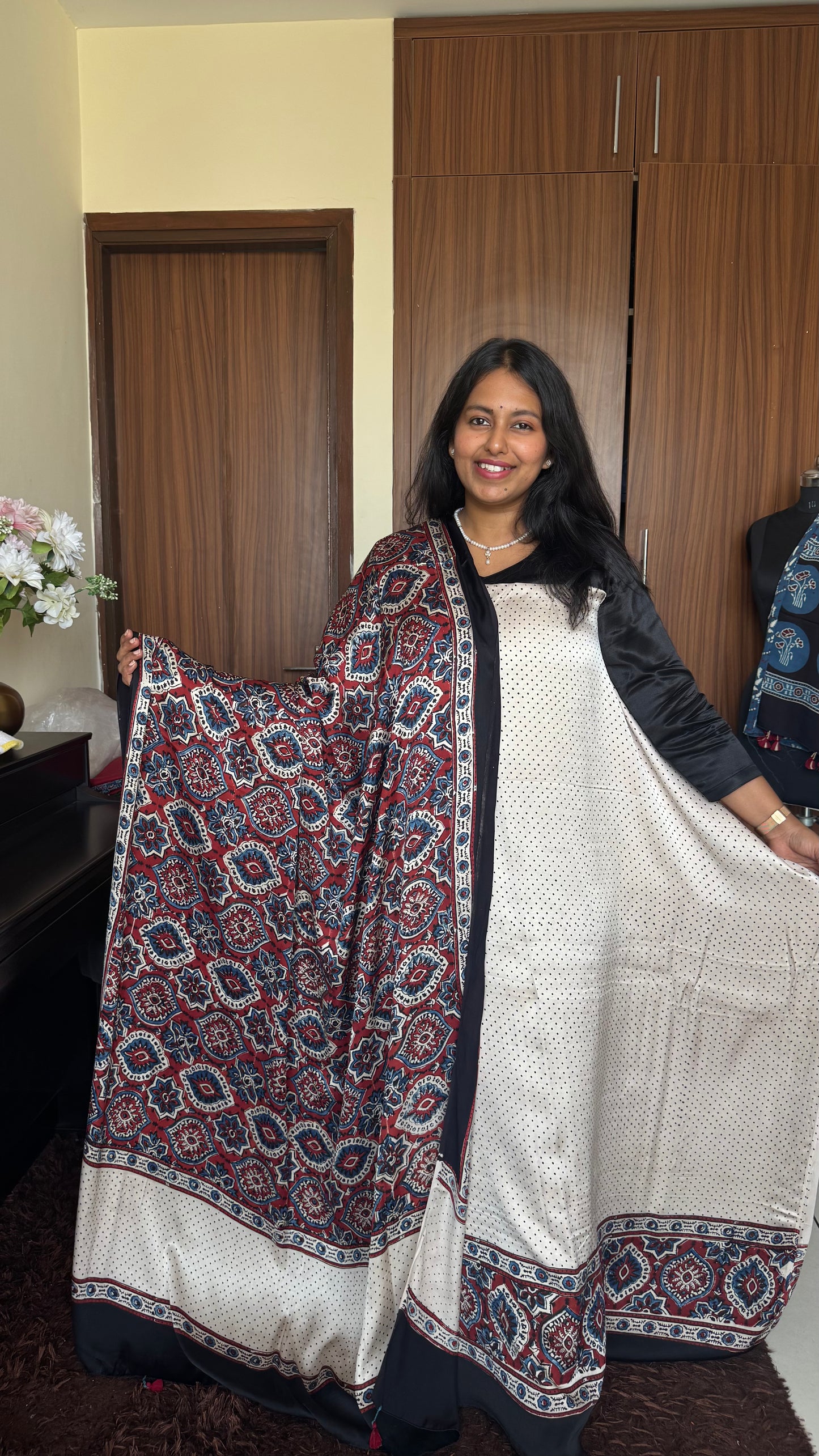 White Polka Dot Modal Silk Ajrakh Natural Dyed Hand Block Print 2pc Set