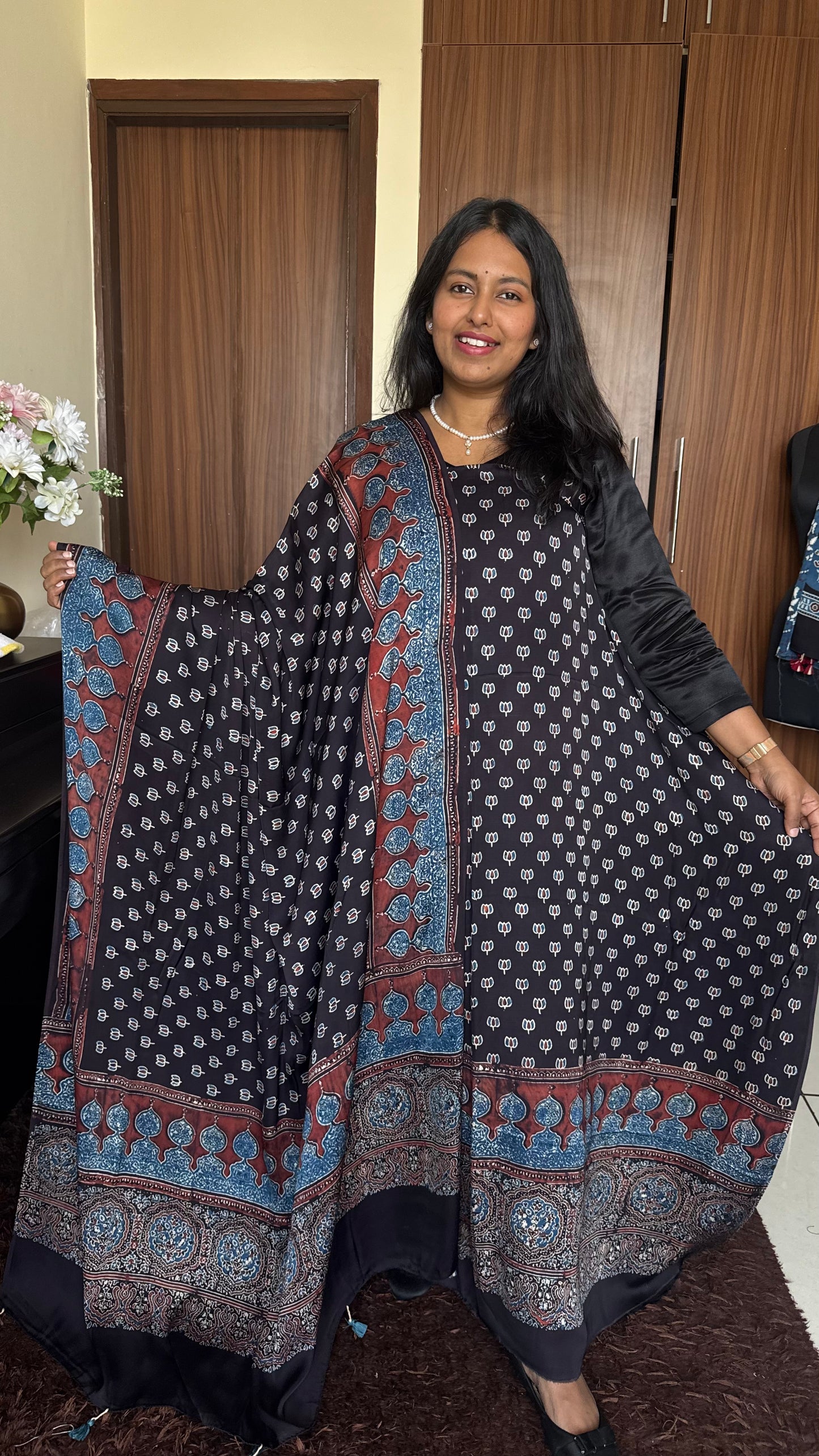 Black Kamal Buti Modal Silk Ajrakh Natural Dyed Hand Block Print 2pc Set