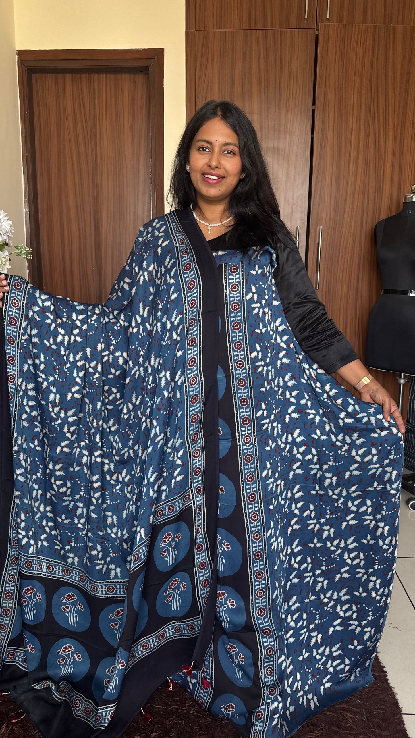 Blue Leaf Motif Modal Silk Ajrakh Natural Dyed Hand Block Print 2pc Set