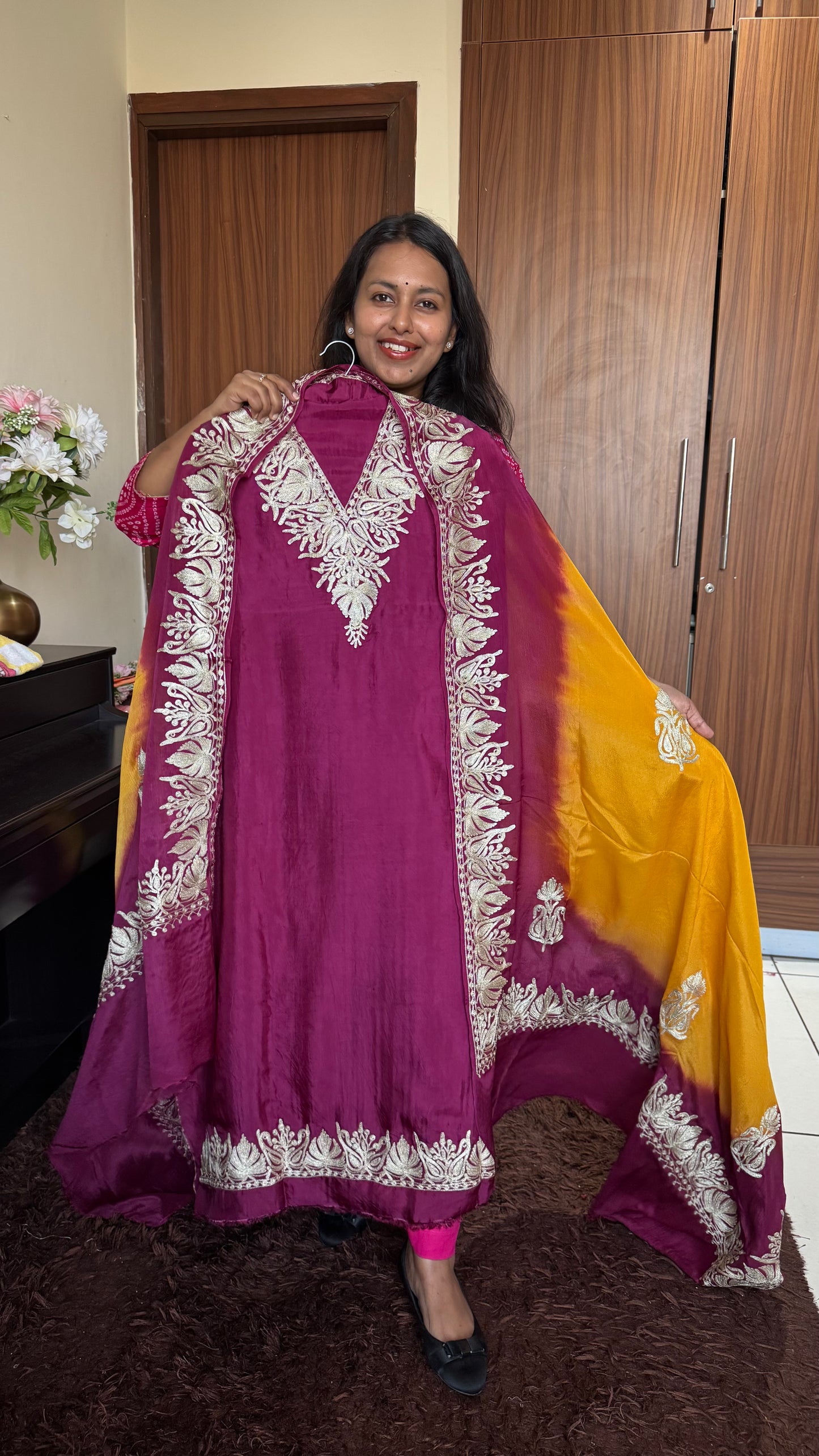 Wine Dual Shade Uppada Silk Suit with Kashmiri Tilla Embroidery & Uppada Silk Bottom