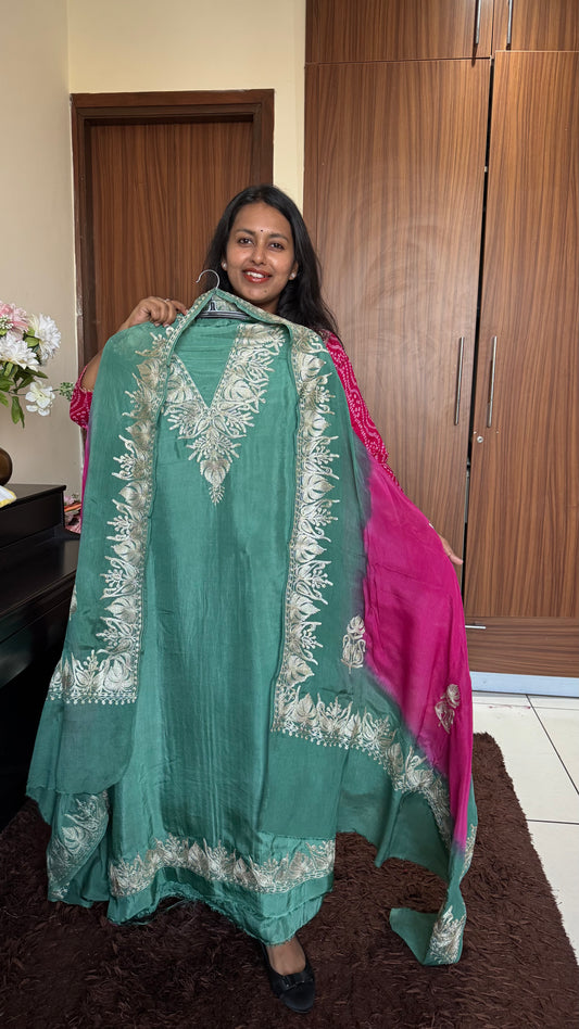 Green Dual Shade Uppada Silk Suit with Kashmiri Tilla Embroidery & Uppada Silk Bottom