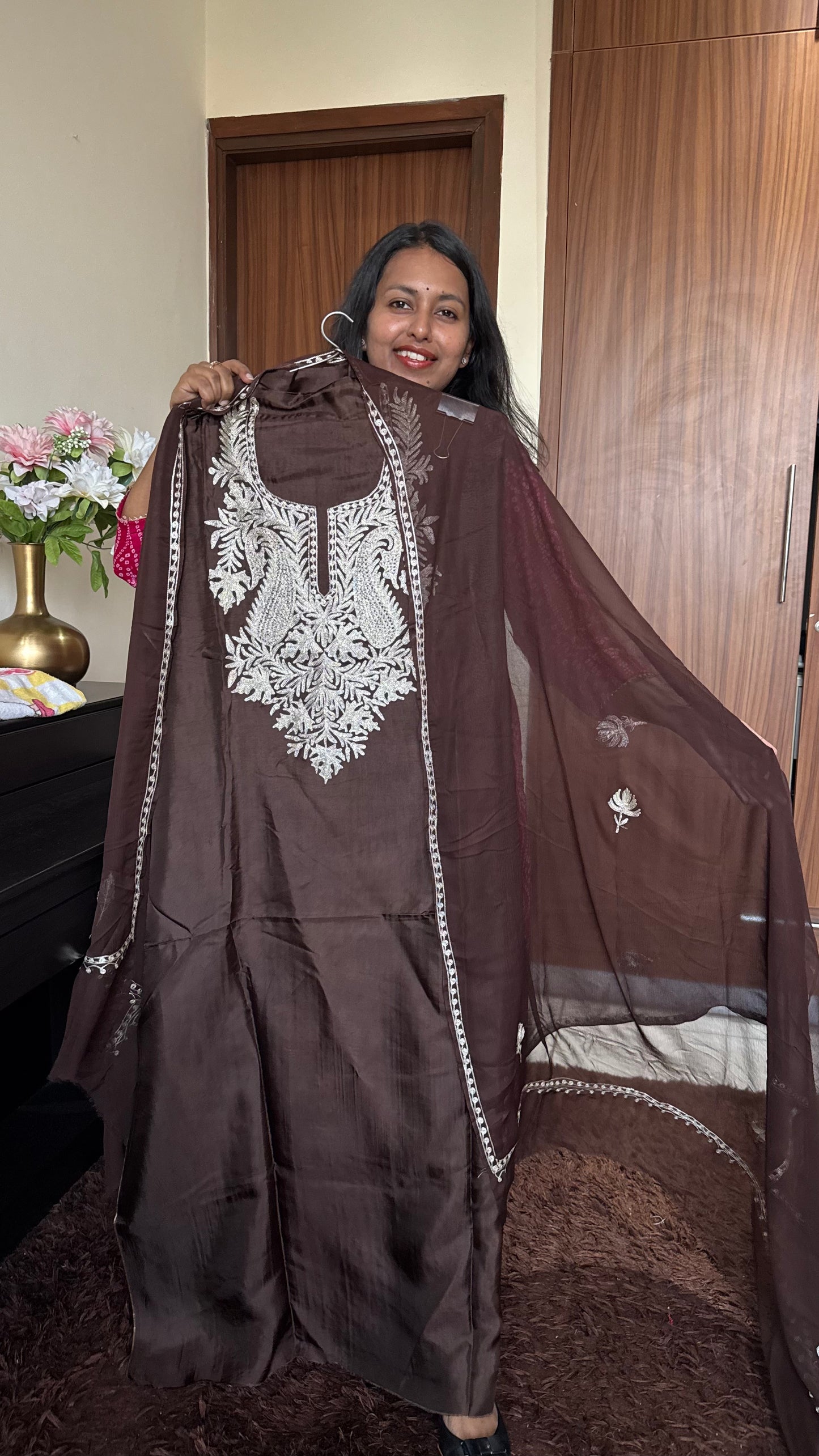Dark Choclate Uppada Silk 3 Piece Suit Set with Kashmiri Tilla Embroidery