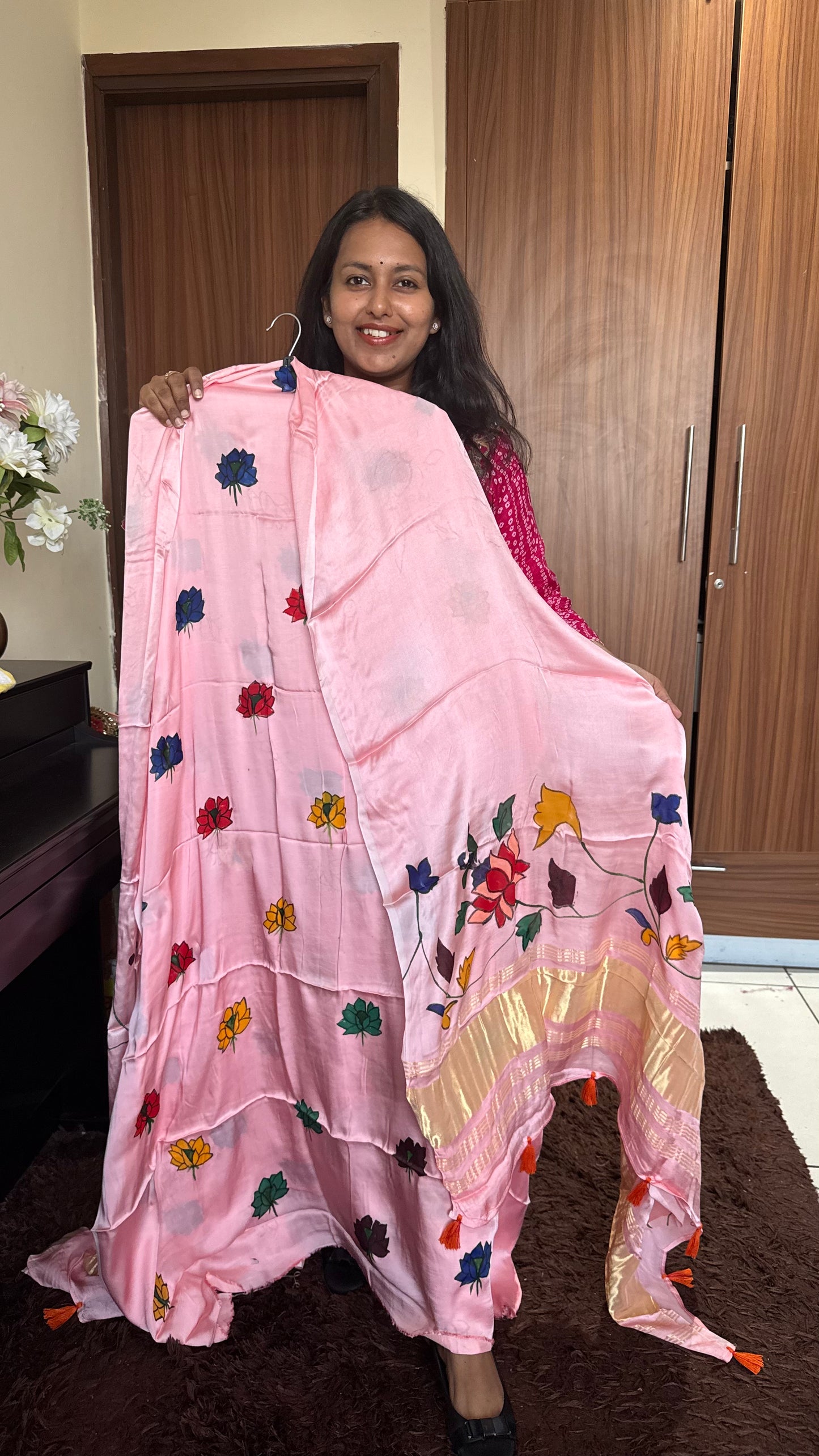 Rose Pink Lotus Motif Hand Painted 2 Piece Suit Material with Modal Silk Lagdi Patti Dupatta