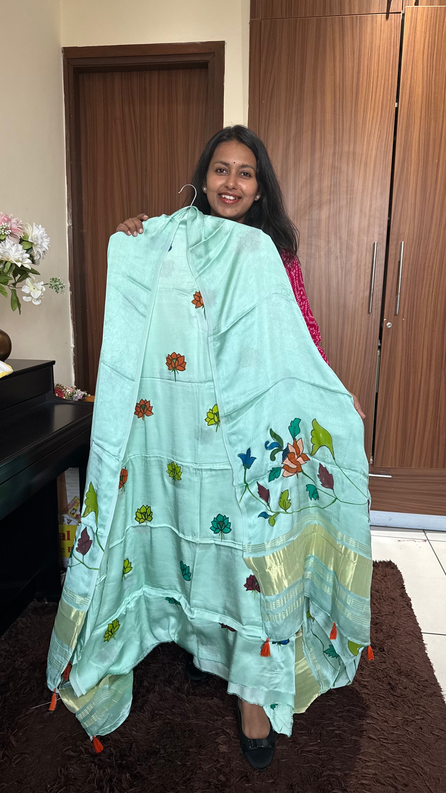 Cyan Green Lotus Motif Hand Painted 2 Piece Suit Material with Modal Silk Lagdi Patti Dupatta