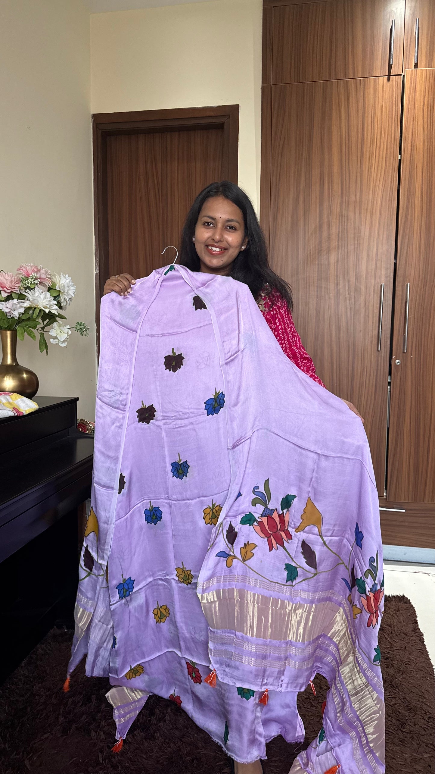 Lavender Lotus Motif Hand Painted 2 Piece Suit Material with Modal Silk Lagdi Patti Dupatta