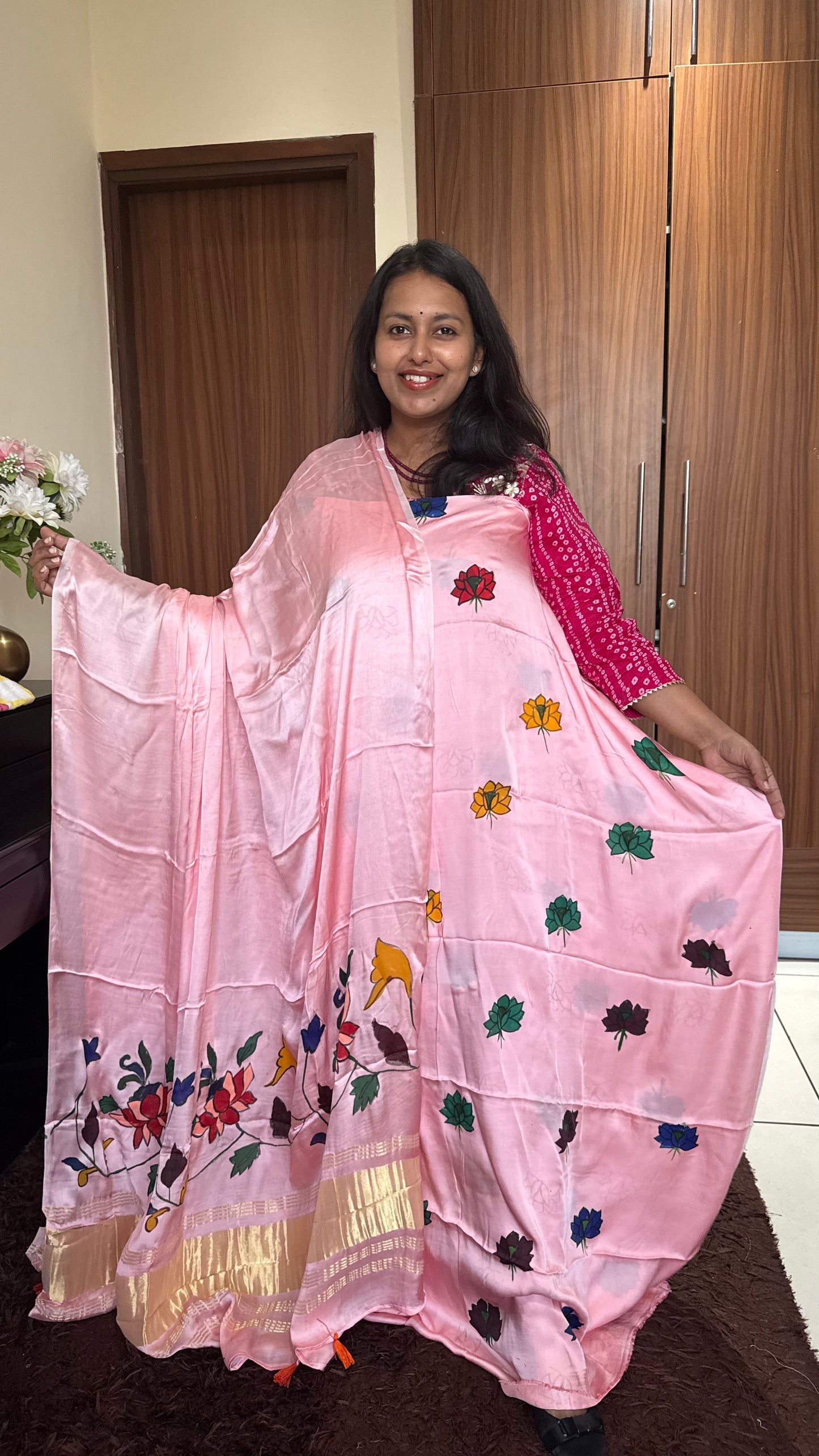 Rose Pink Lotus Motif Hand Painted 2 Piece Suit Material with Modal Silk Lagdi Patti Dupatta