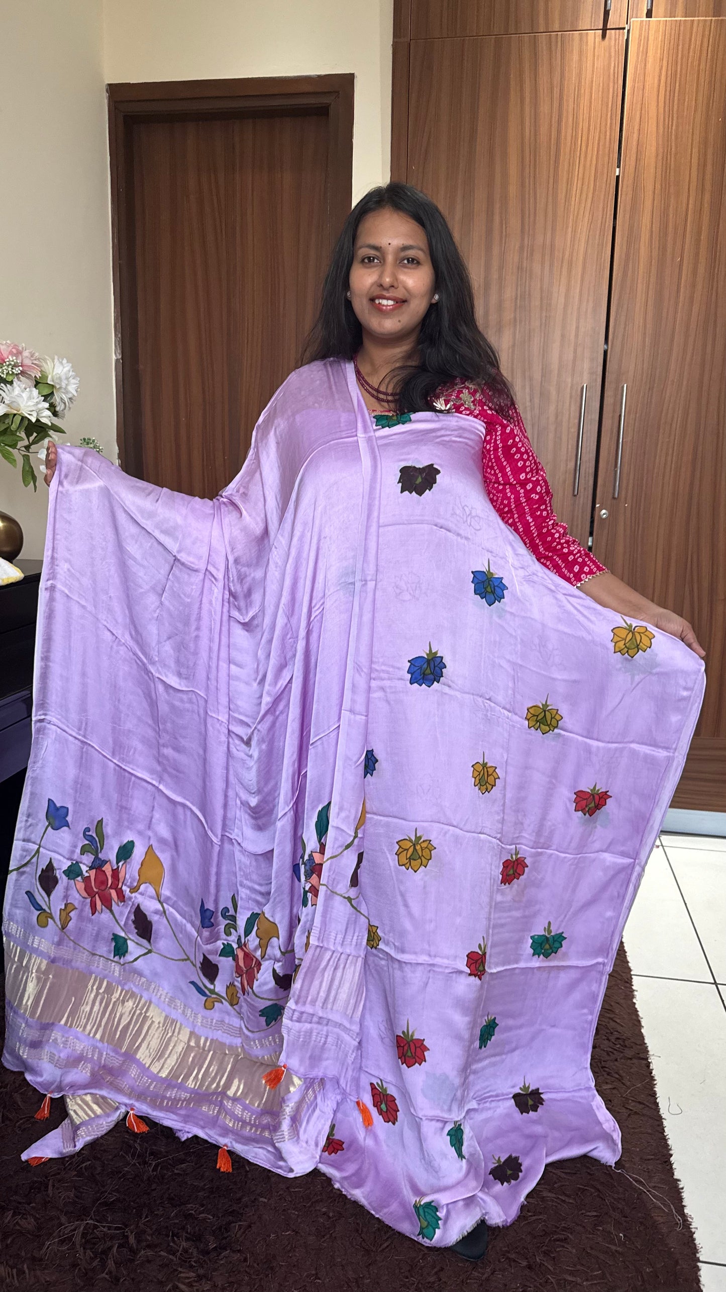 Lavender Lotus Motif Hand Painted 2 Piece Suit Material with Modal Silk Lagdi Patti Dupatta