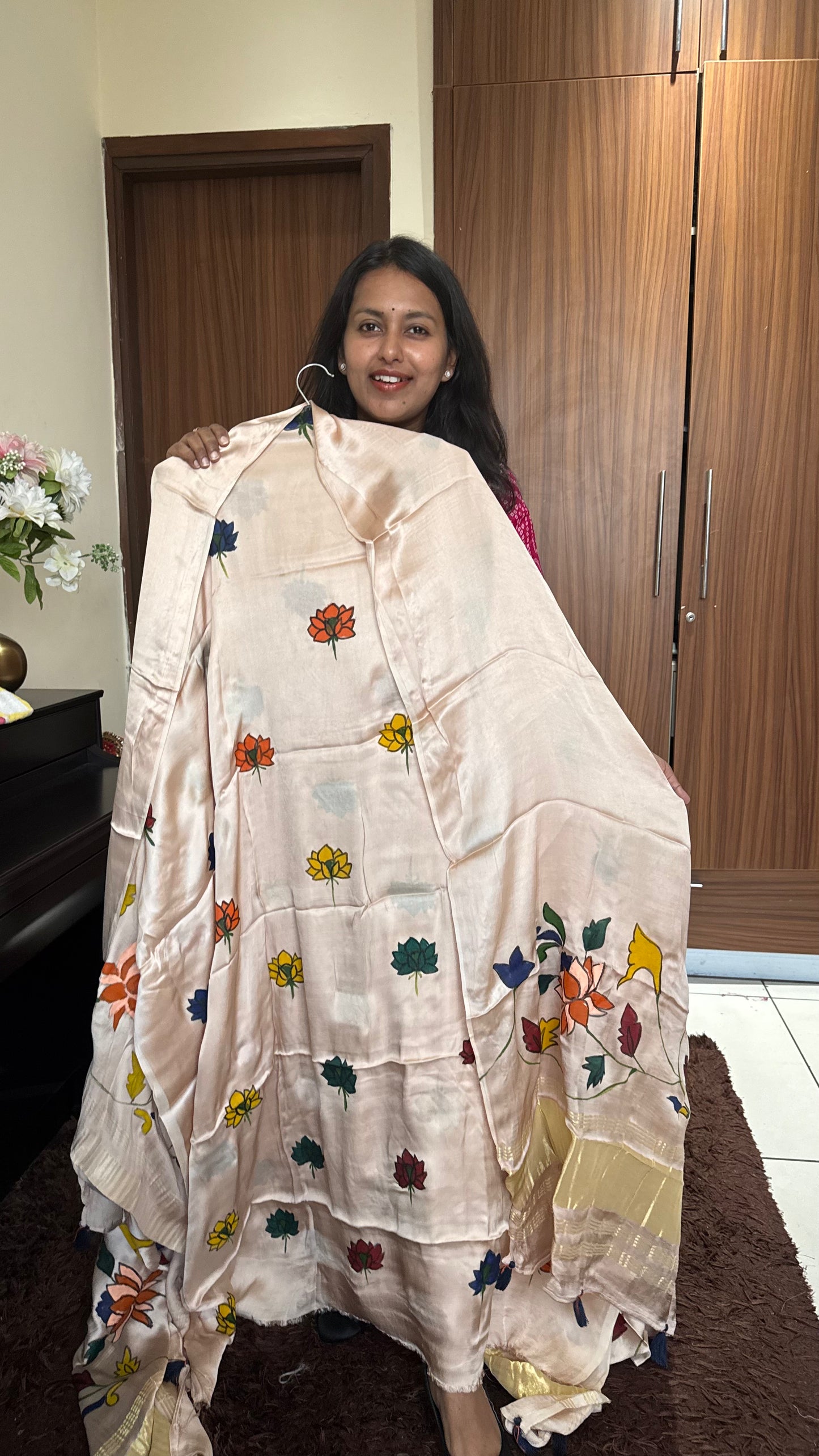 Badami Lotus Motif Hand Painted 2 Piece Suit Material with Modal Silk Lagdi Patti Dupatta
