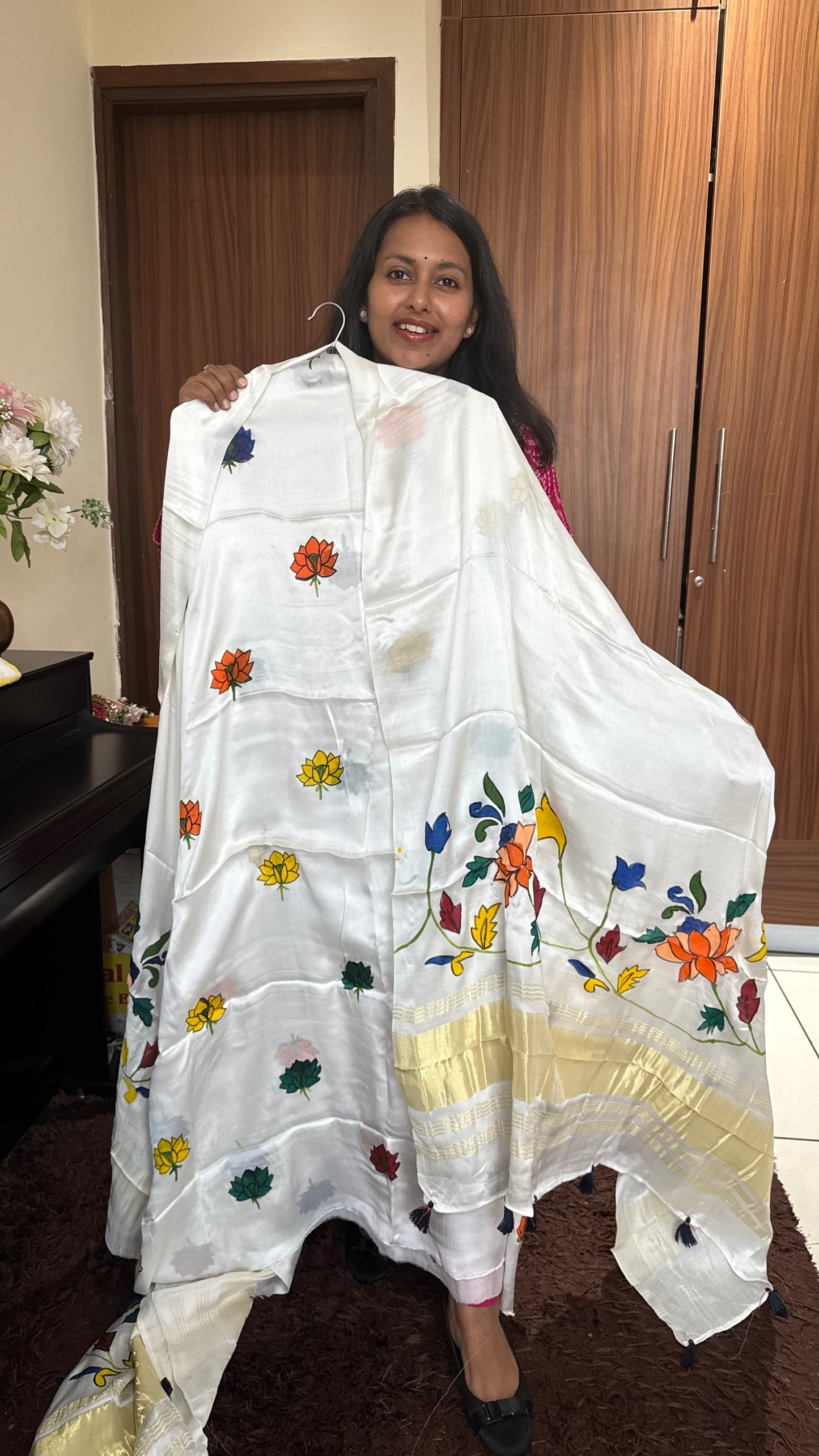 Off White Lotus Motif Hand Painted 2 Piece Suit Material with Modal Silk Lagdi Patti Dupatta