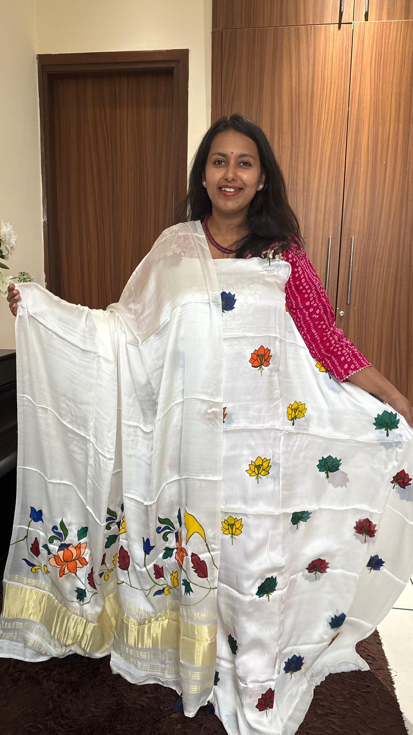 Off White Lotus Motif Hand Painted 2 Piece Suit Material with Modal Silk Lagdi Patti Dupatta