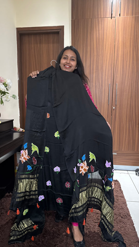 Black Lotus Motif Hand Painted 2 Piece Suit Material with Modal Silk Lagdi Patti Dupatta