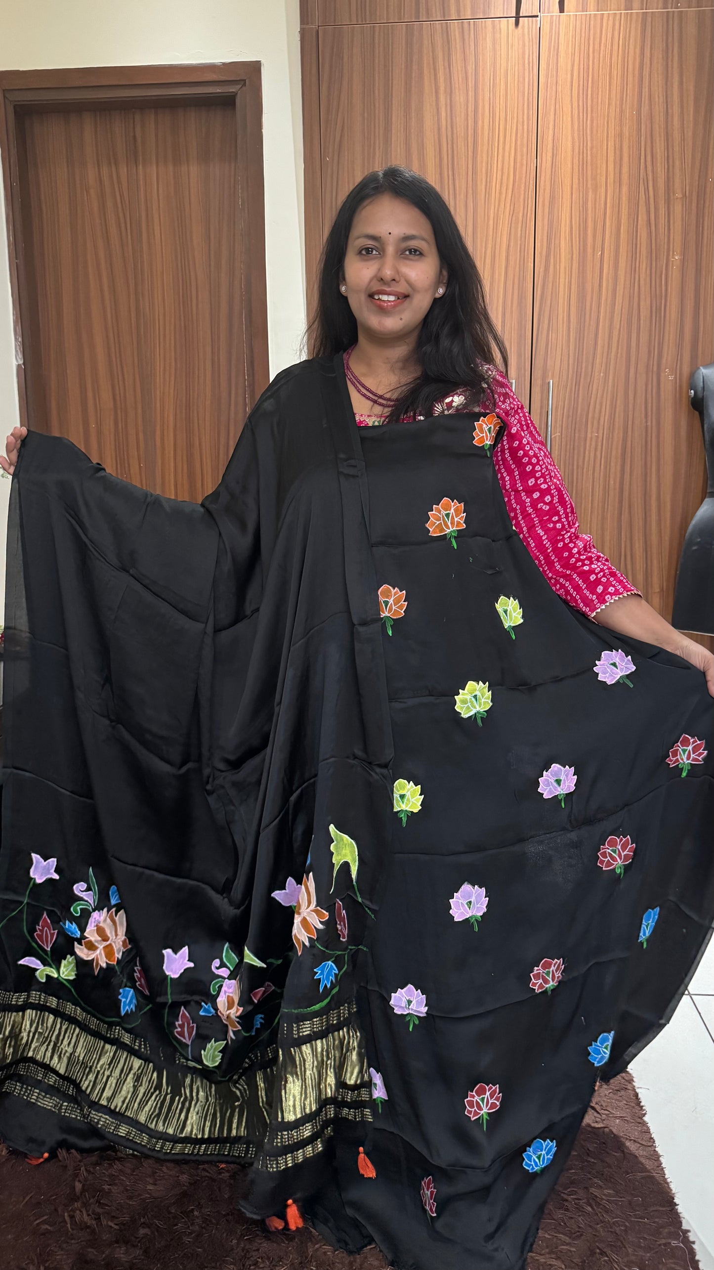 Black Lotus Motif Hand Painted 2 Piece Suit Material with Modal Silk Lagdi Patti Dupatta