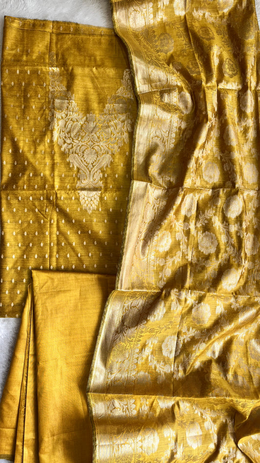 Golden Hour Yellow Shade Banarasi Silk Cotton 3-Piece Suit with Banarasi Woven Yoke & Dupatta