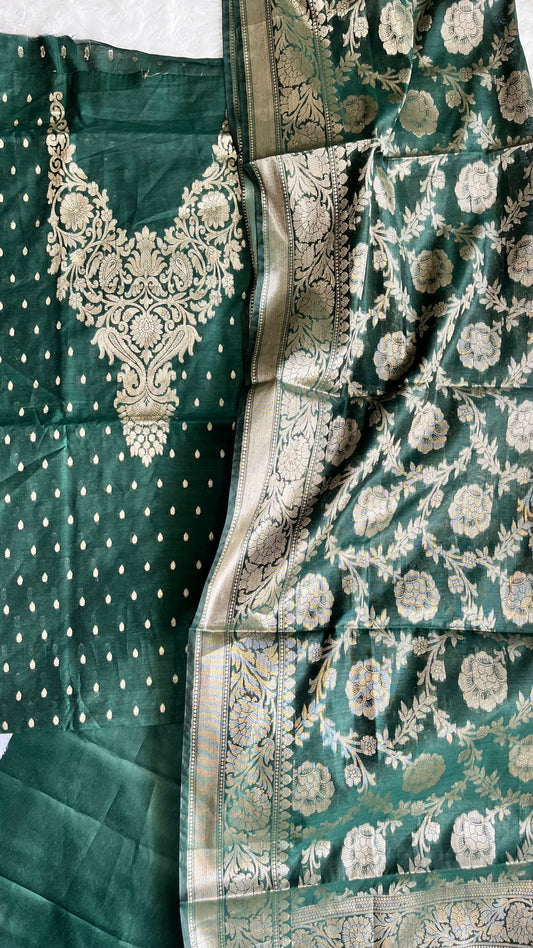 Emerald Green Shade Banarasi Silk Cotton 3-Piece Suit with Banarasi Woven Yoke & Dupatta