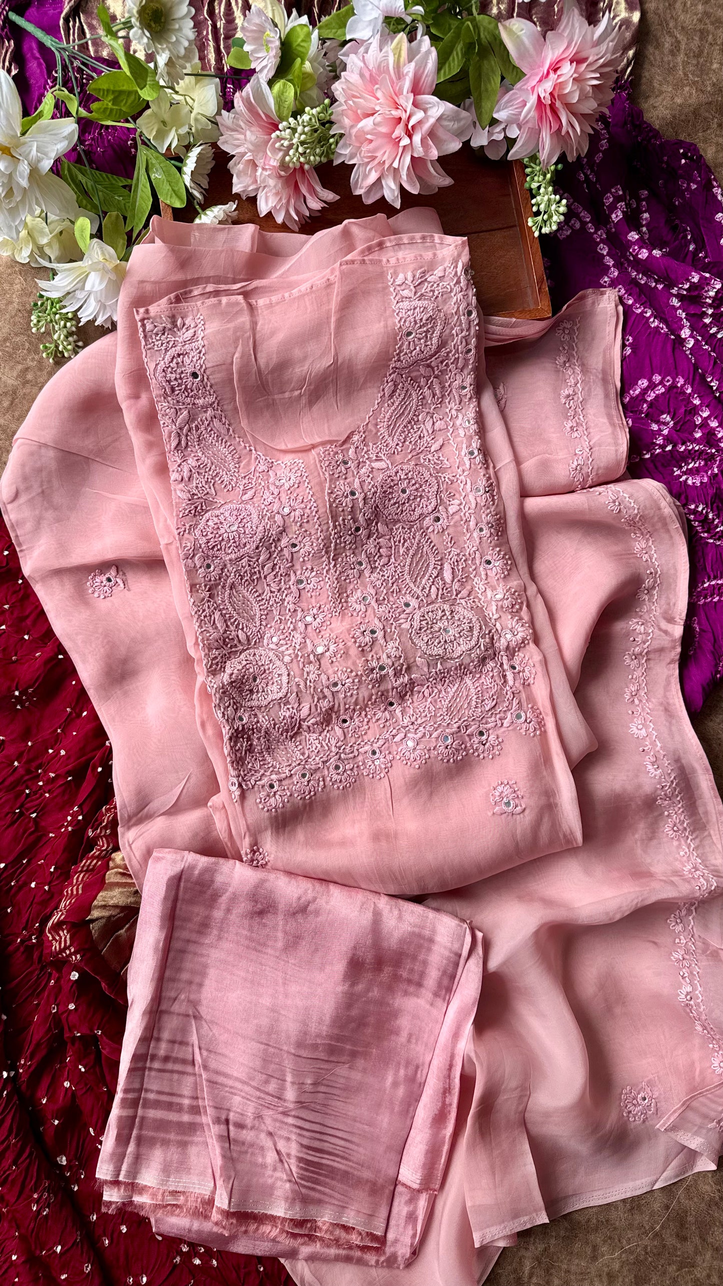 Pyaazi Crepe Suit Set with Chinon Chiffon Dupatta and Threadwork
