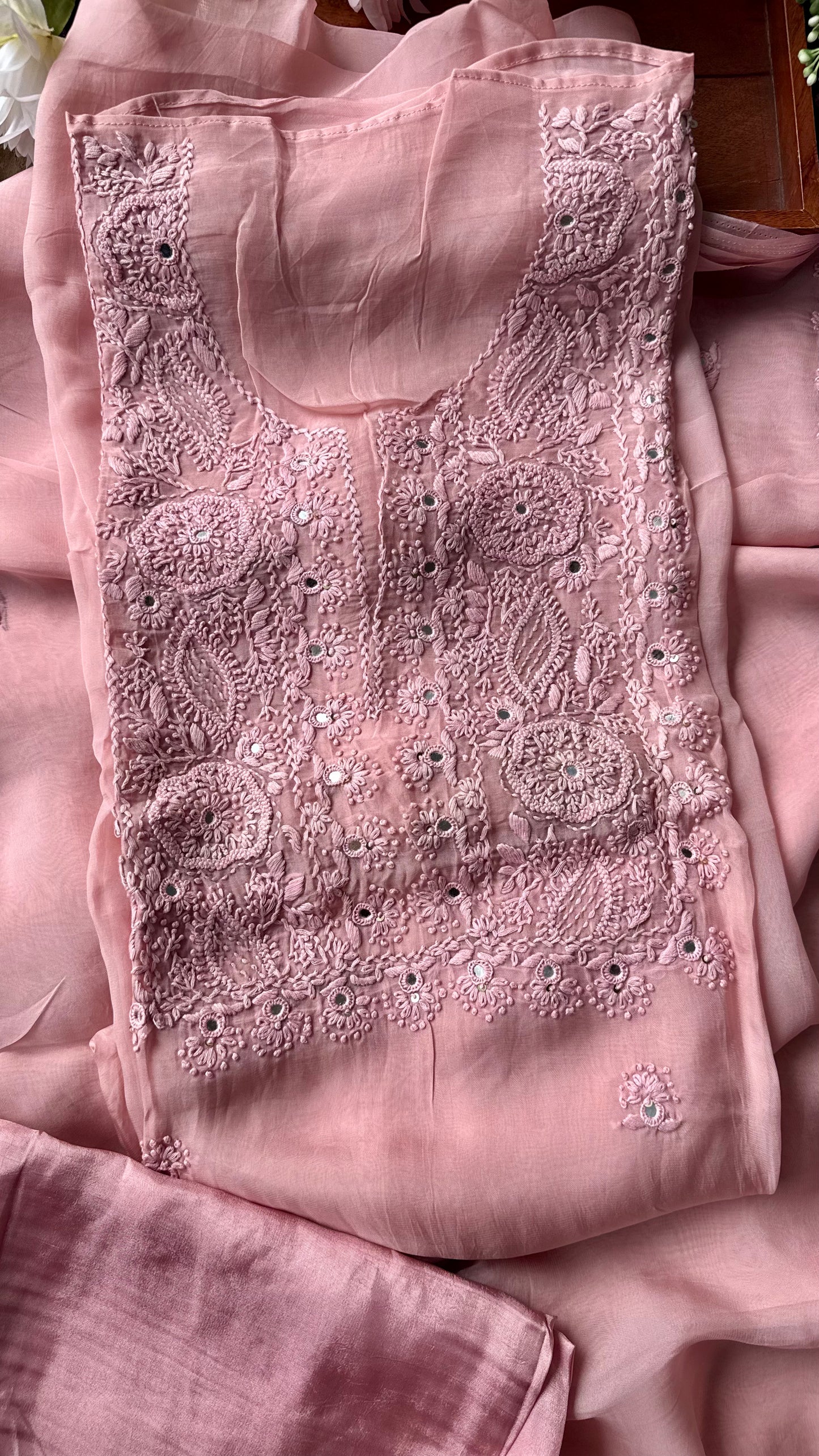 Pyaazi Crepe Suit Set with Chinon Chiffon Dupatta and Threadwork