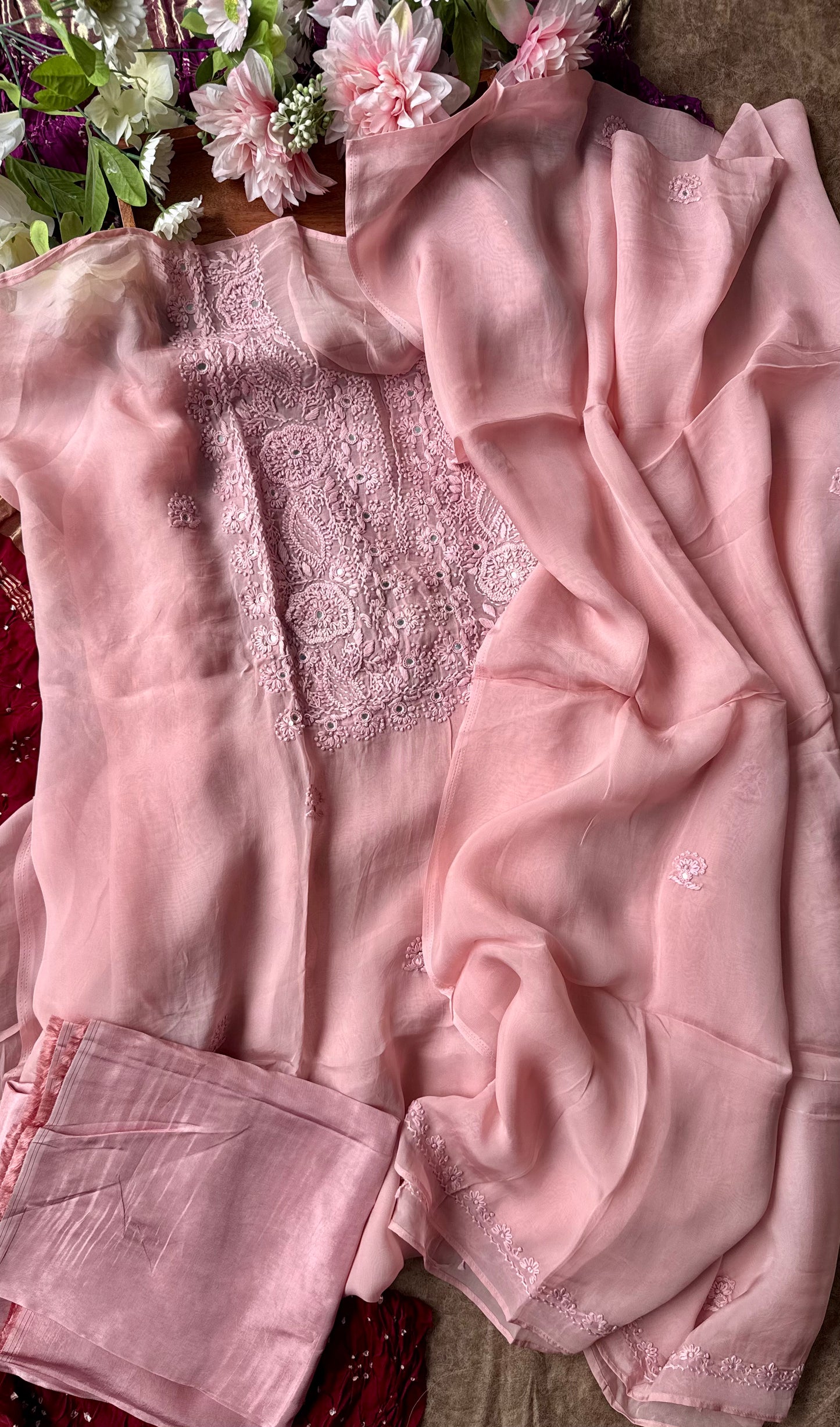 Pyaazi Crepe Suit Set with Chinon Chiffon Dupatta and Threadwork
