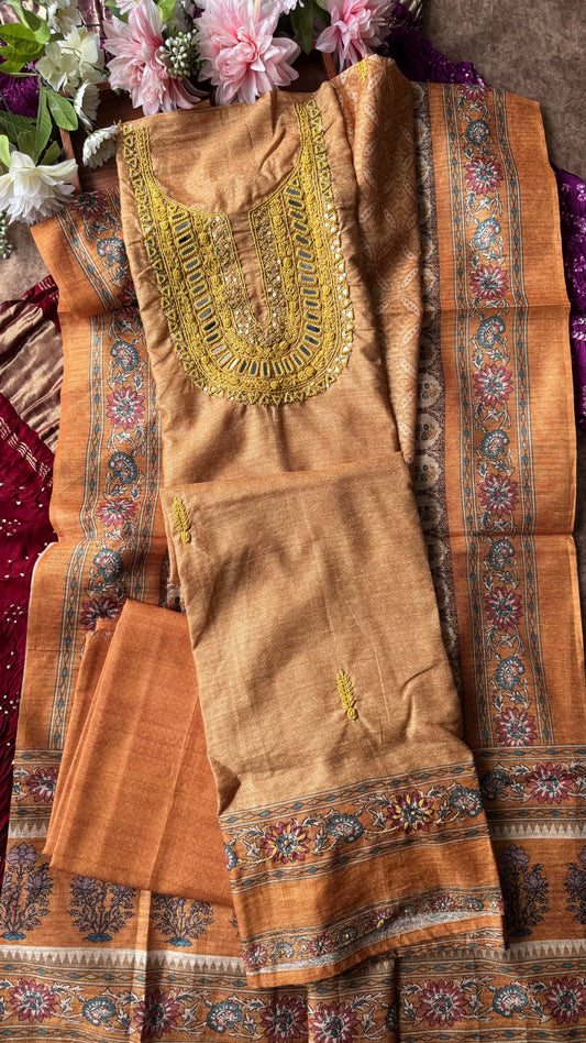 Mustard Khadi Silk Suit Set with Mirror Threadwork Yoke-3Pc