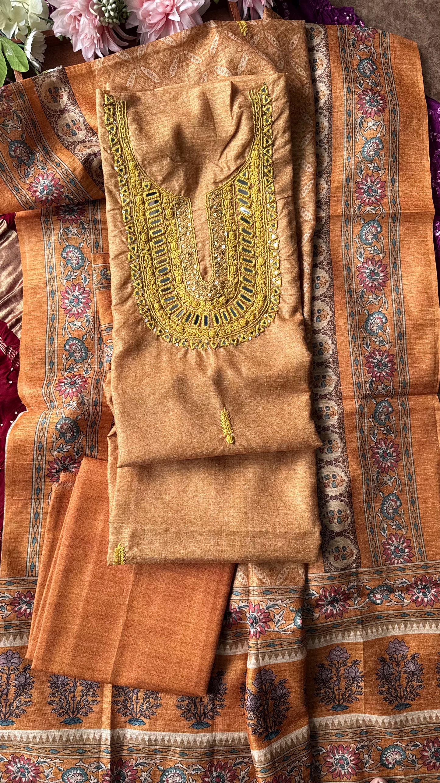 Mustard Khadi Silk Suit Set with Mirror Threadwork Yoke-3Pc