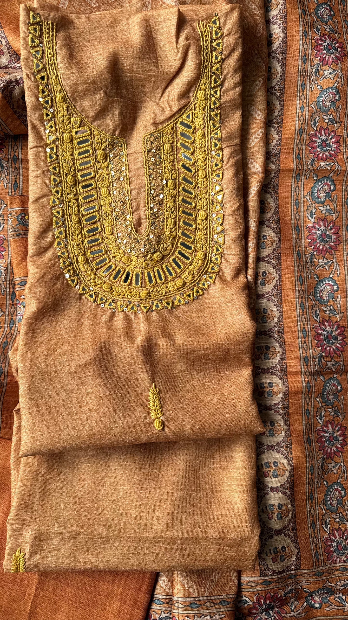Mustard Khadi Silk Suit Set with Mirror Threadwork Yoke-3Pc