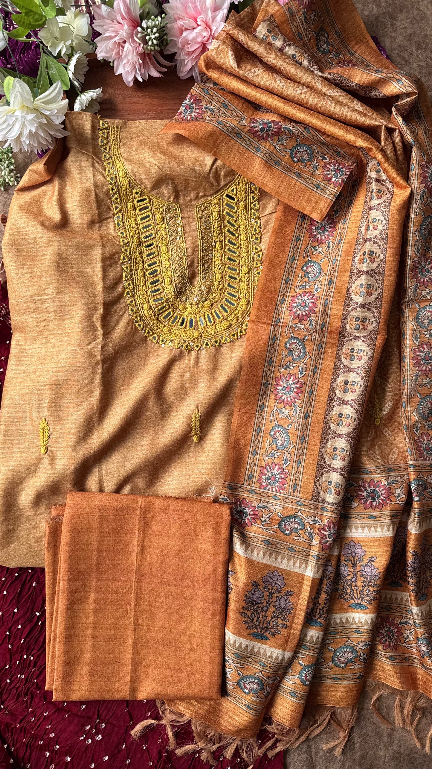 Mustard Khadi Silk Suit Set with Mirror Threadwork Yoke-3Pc