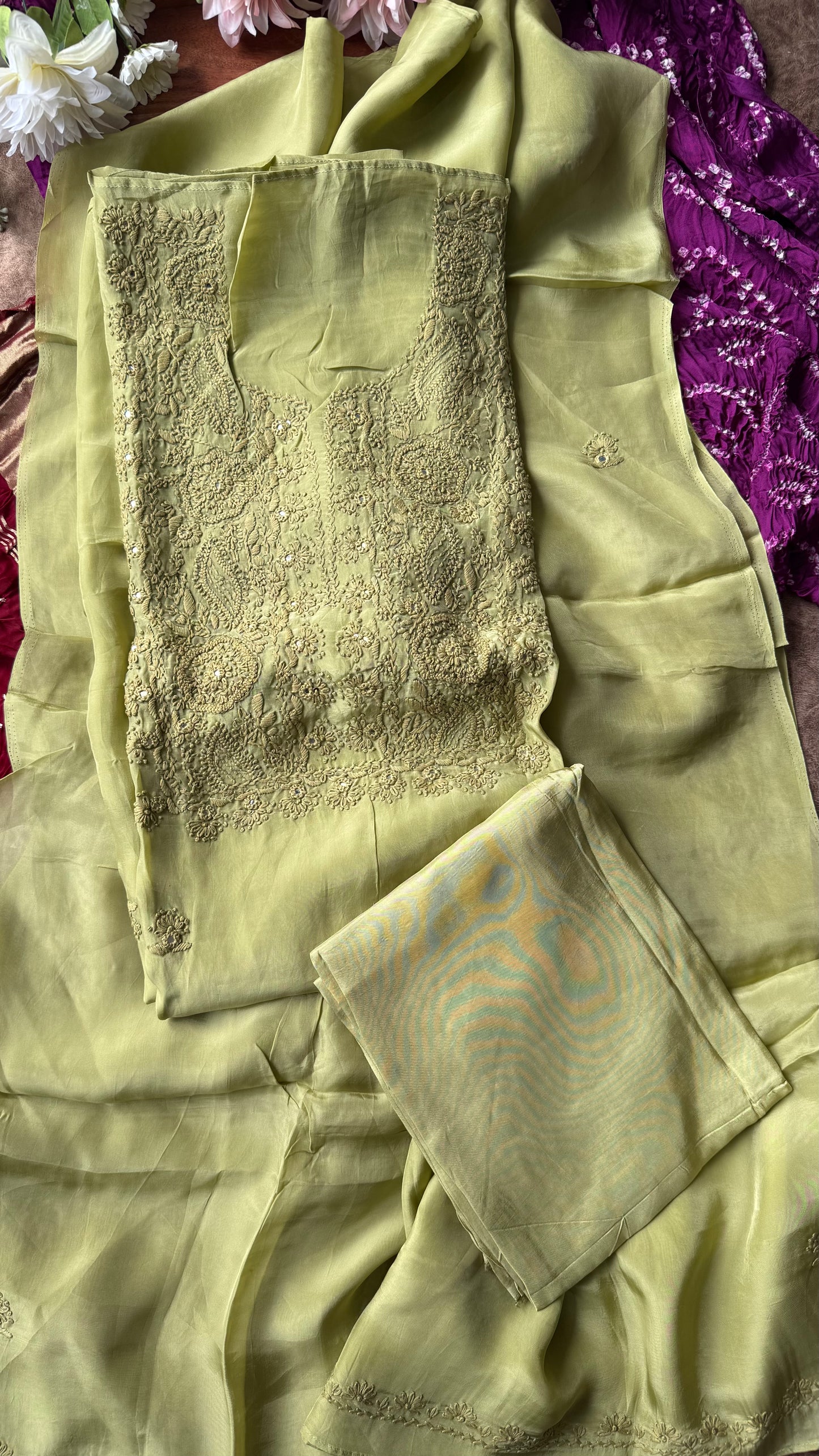 Olive Green Crepe Suit Set with Chinon Chiffon Dupatta and Threadwork