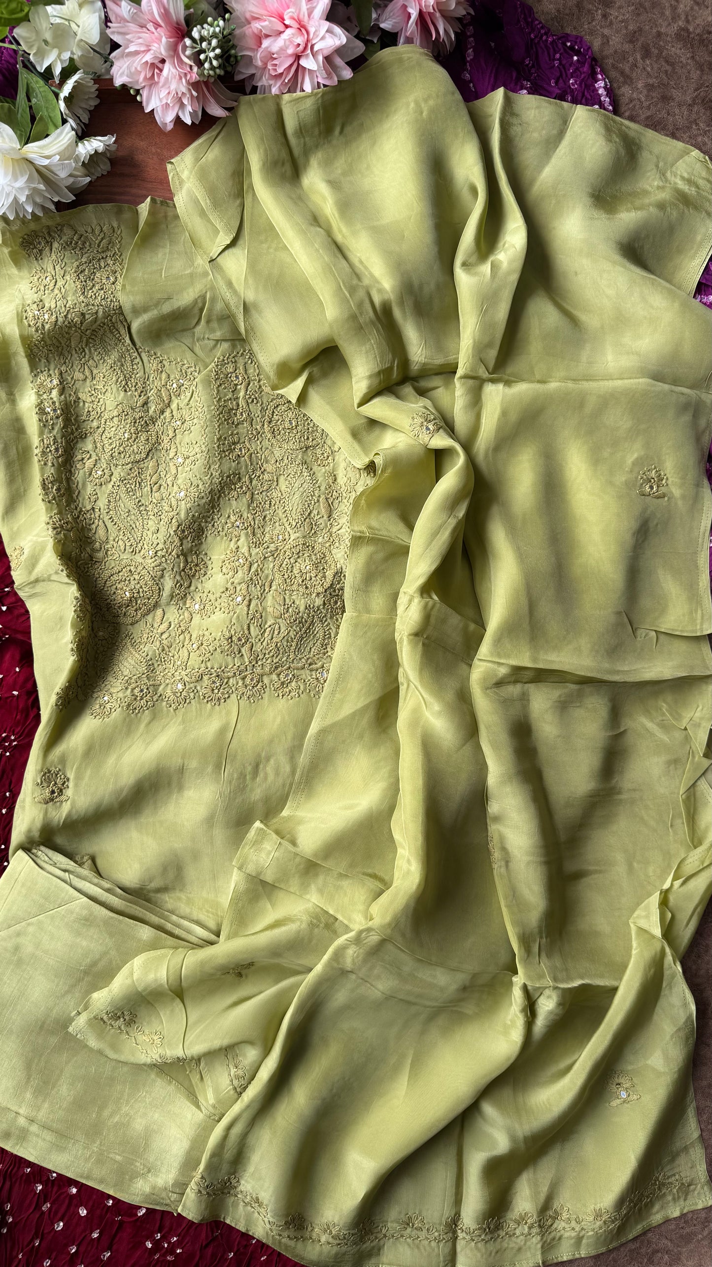 Olive Green Crepe Suit Set with Chinon Chiffon Dupatta and Threadwork
