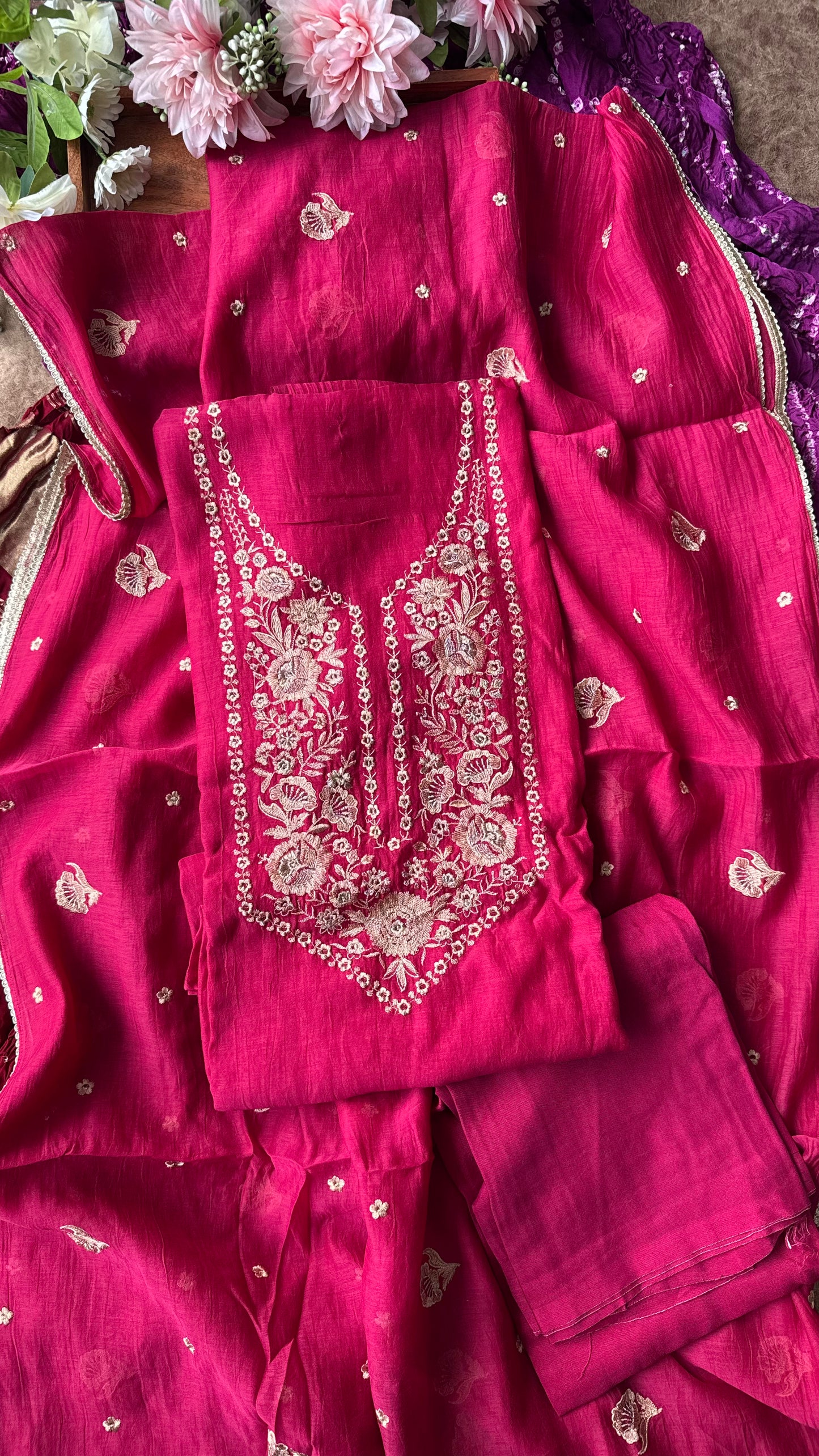 Rani Pink Mul Chanderi 3 Piece Suit Set with Zari Embroidery