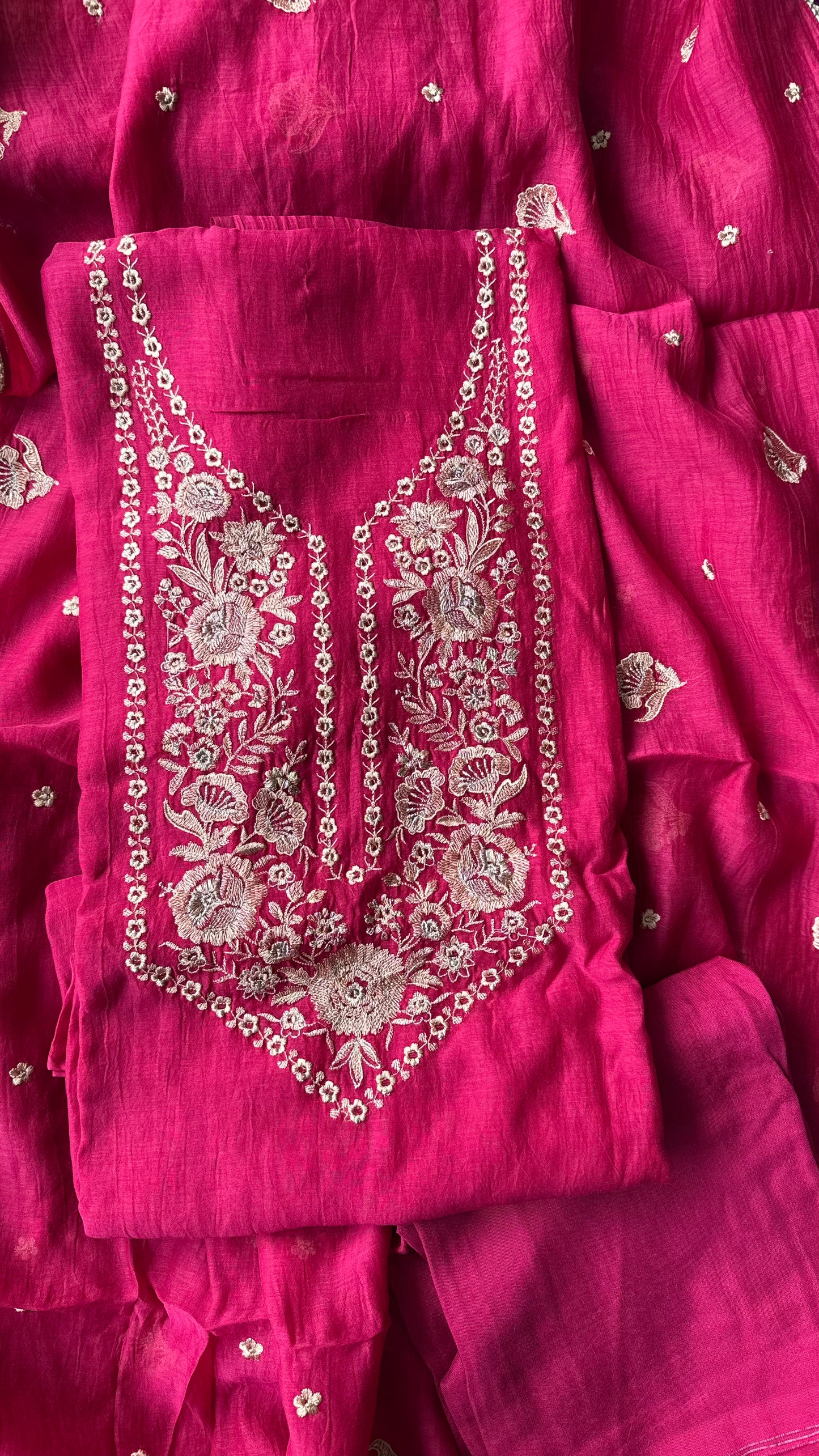 Rani Pink Mul Chanderi 3 Piece Suit Set with Zari Embroidery
