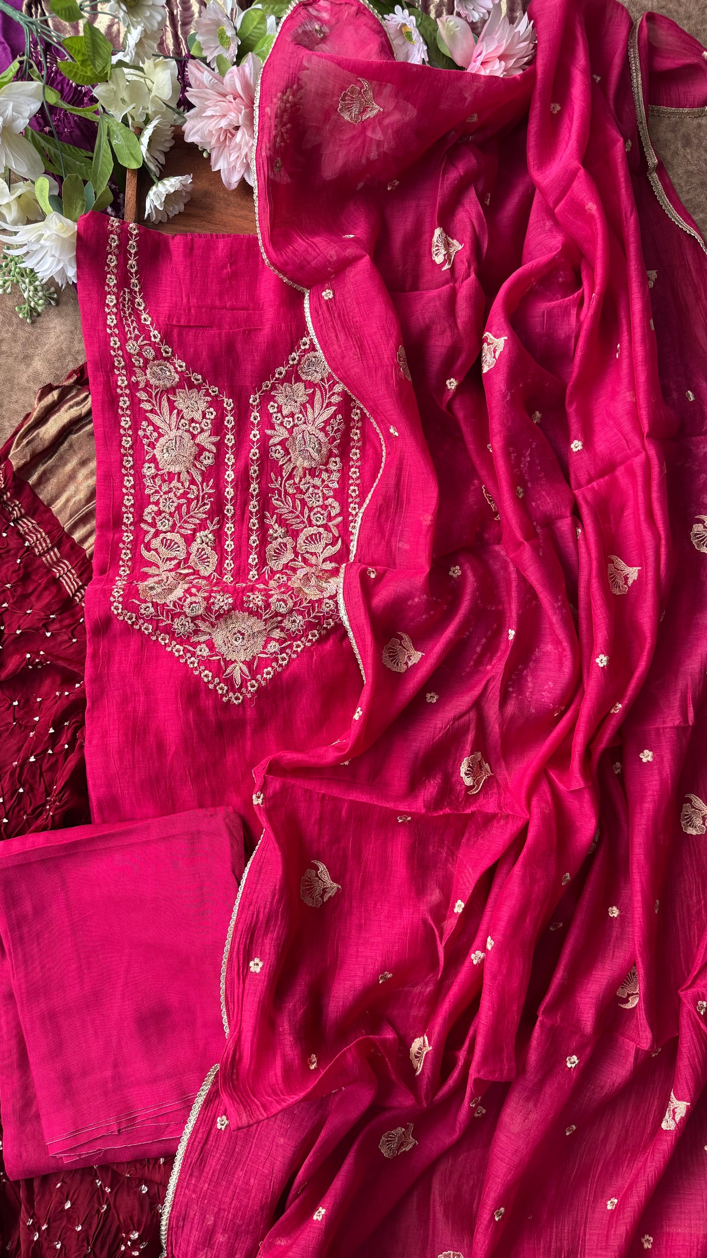 Rani Pink Mul Chanderi 3 Piece Suit Set with Zari Embroidery