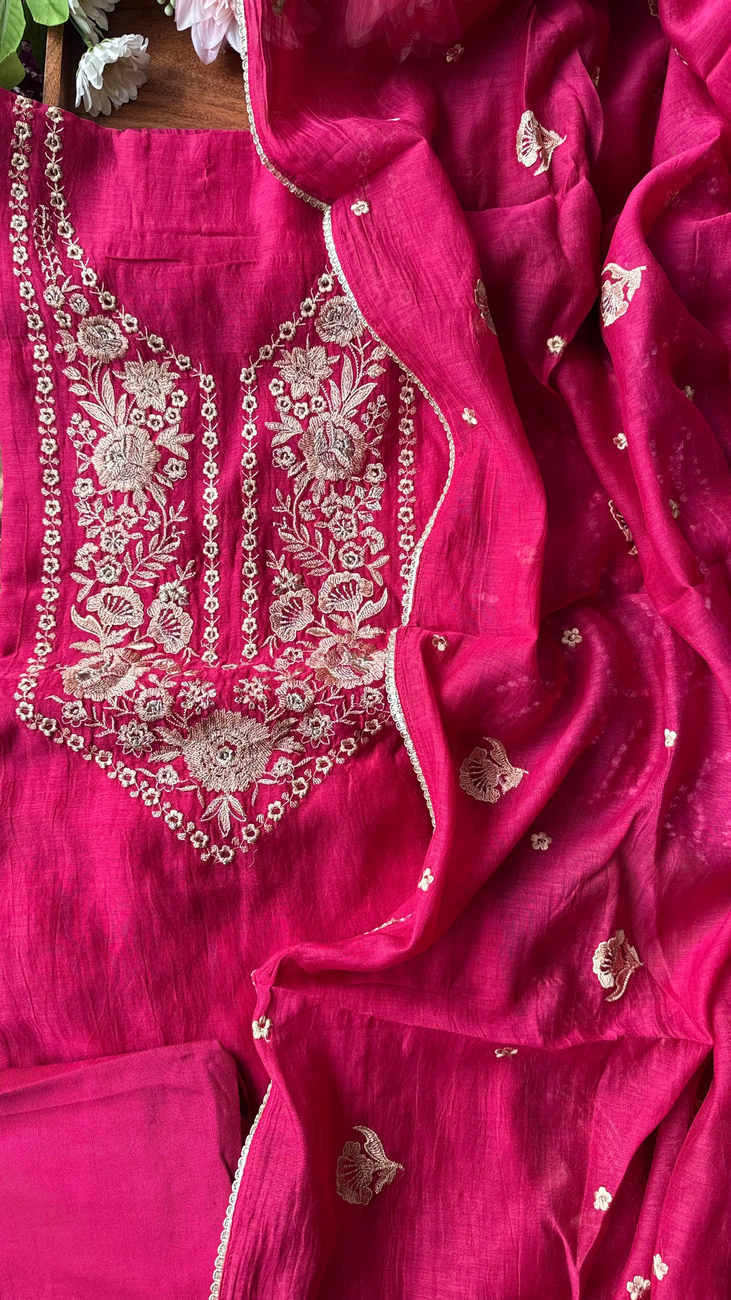Rani Pink Mul Chanderi 3 Piece Suit Set with Zari Embroidery