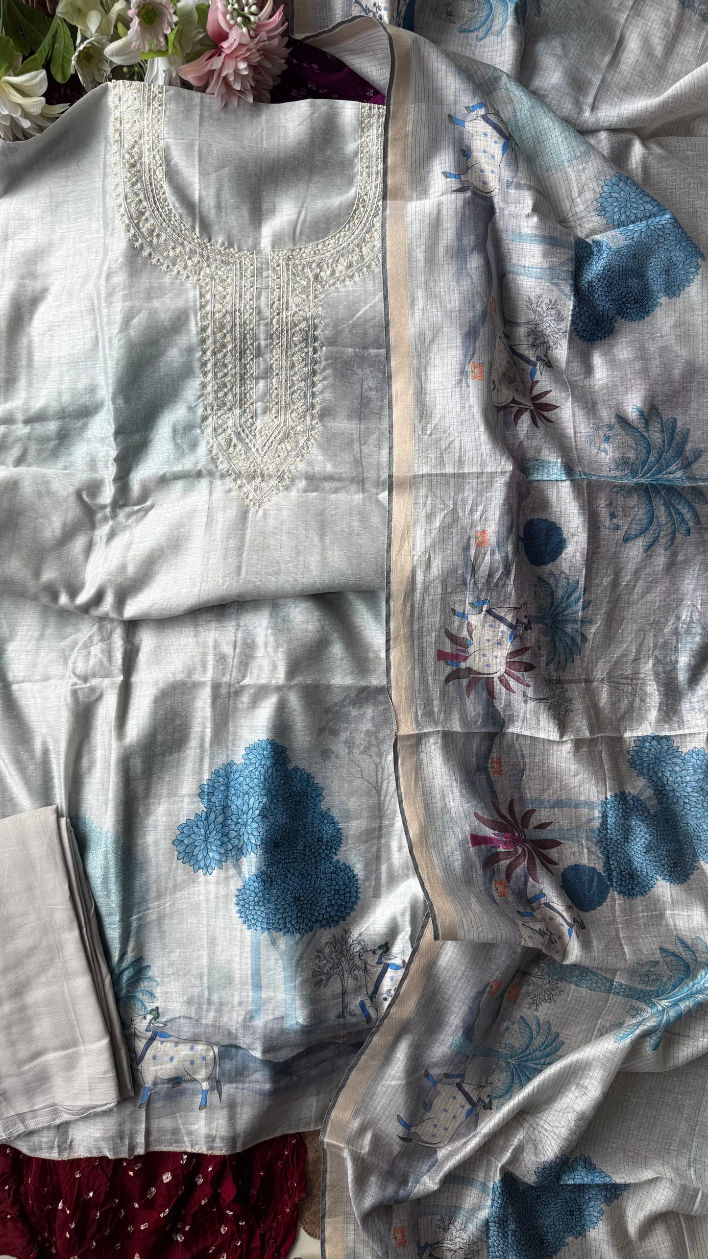 Blue Grey Khadi Silk Suit Set Mirror Moti Threadwork Yoke -3 Pc