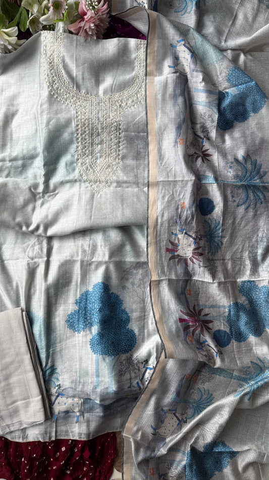 Blue Grey Khadi Silk Suit Set Mirror Moti Threadwork Yoke -3 Pc