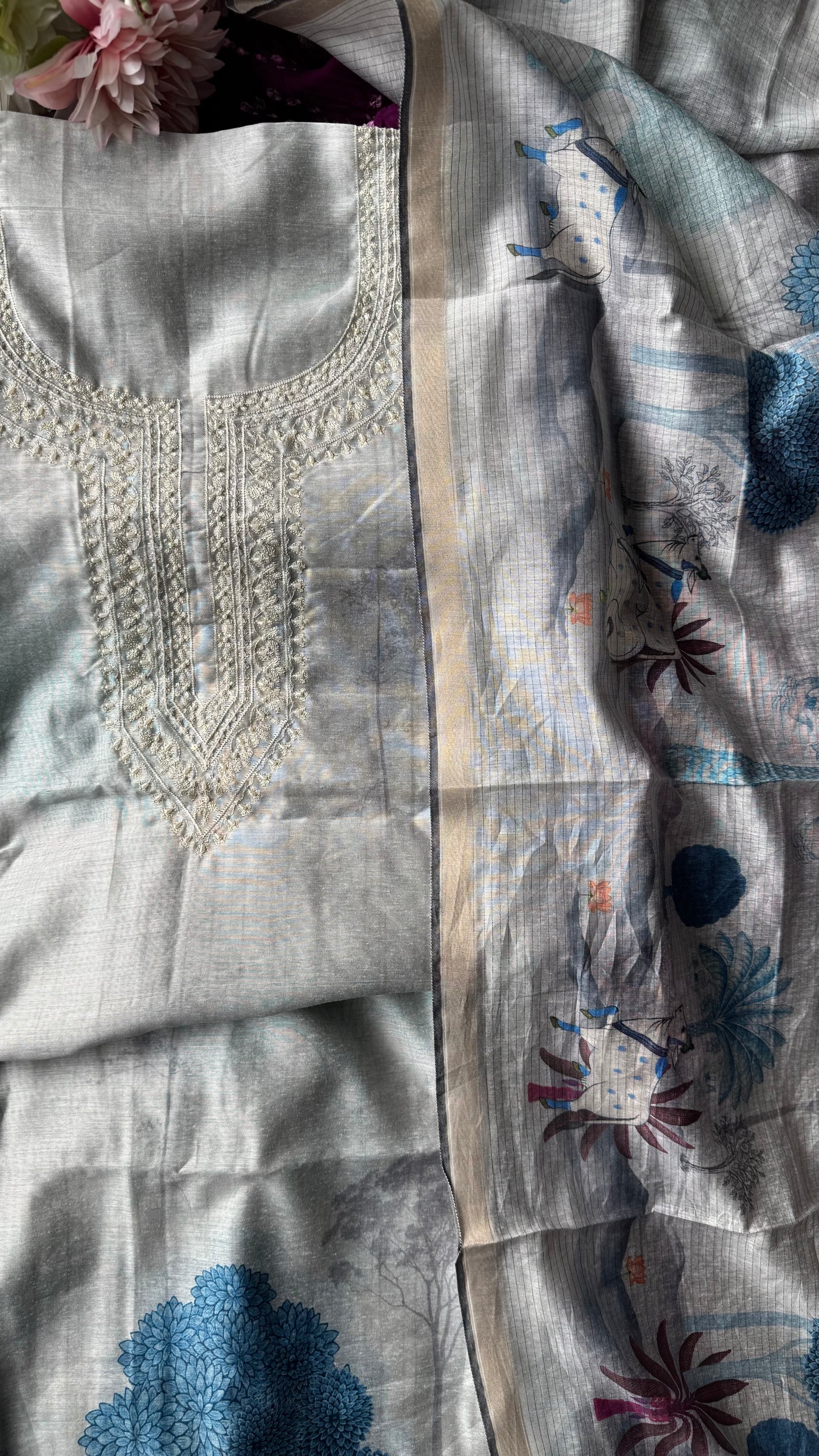 Blue Grey Khadi Silk Suit Set Mirror Moti Threadwork Yoke -3 Pc