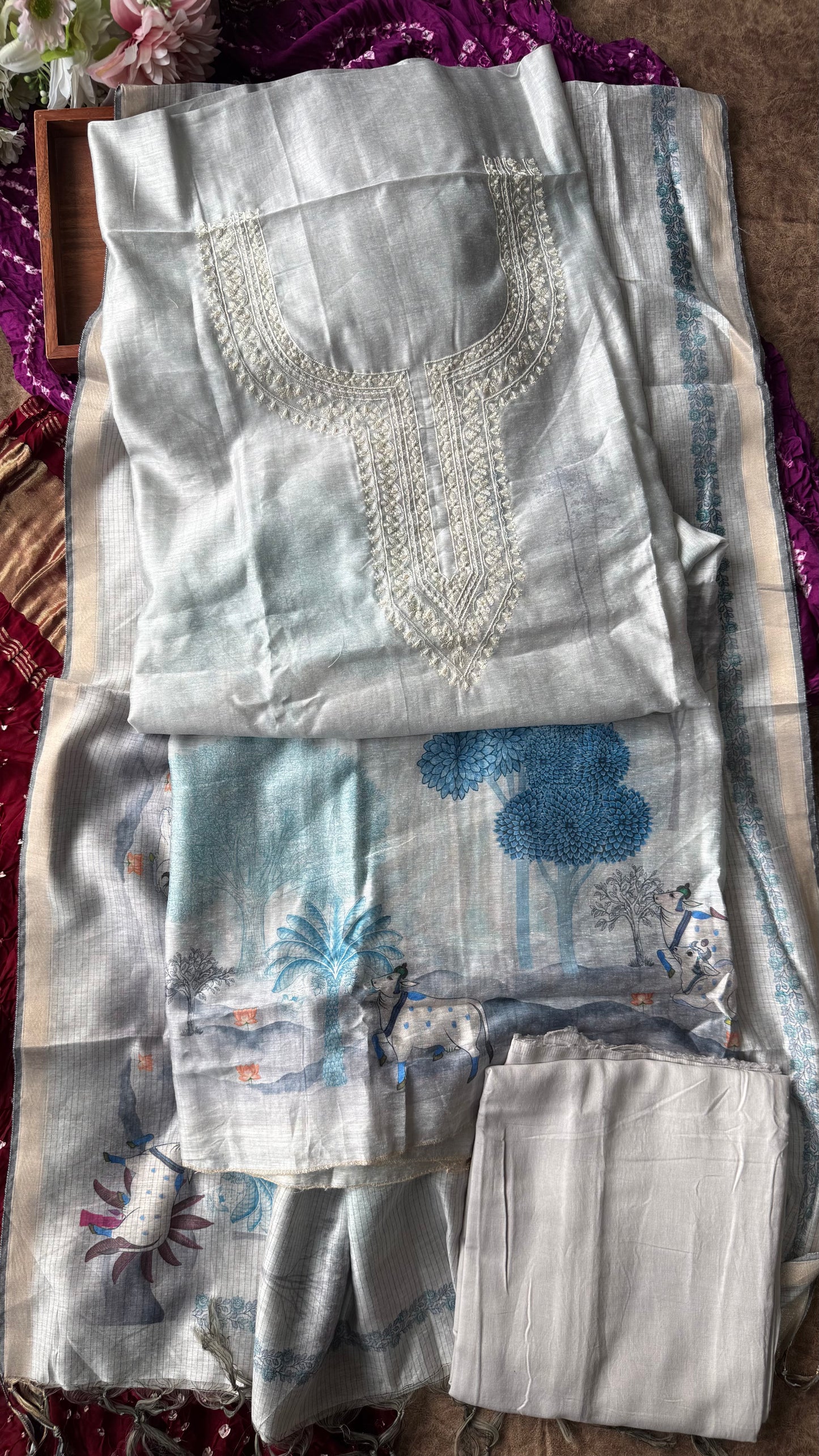 Blue Grey Khadi Silk Suit Set Mirror Moti Threadwork Yoke -3 Pc