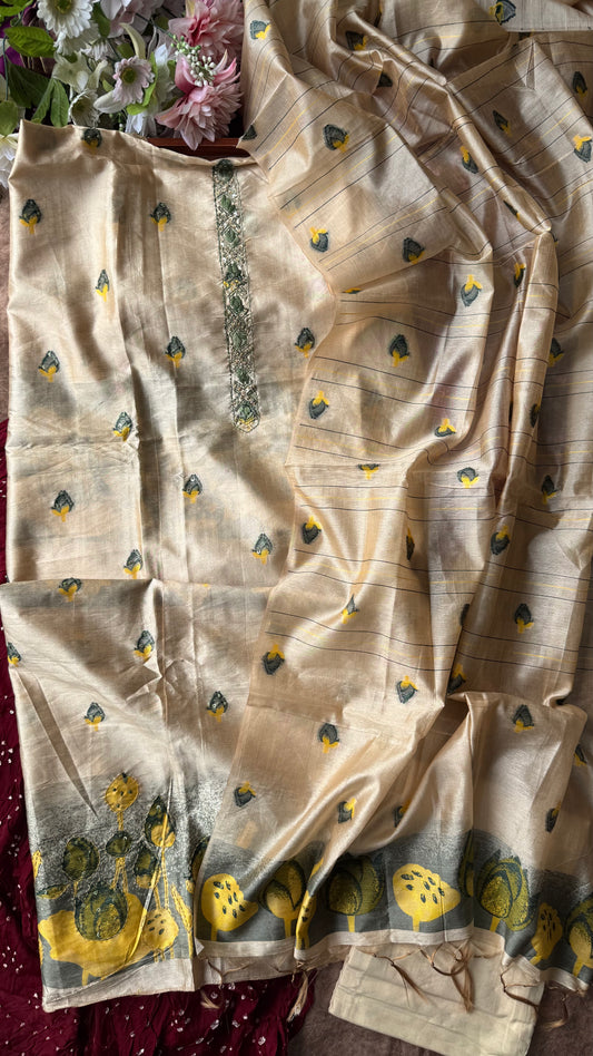 Beige Shade Silk Cotton Suit Set Zari-Thread Work Yoke