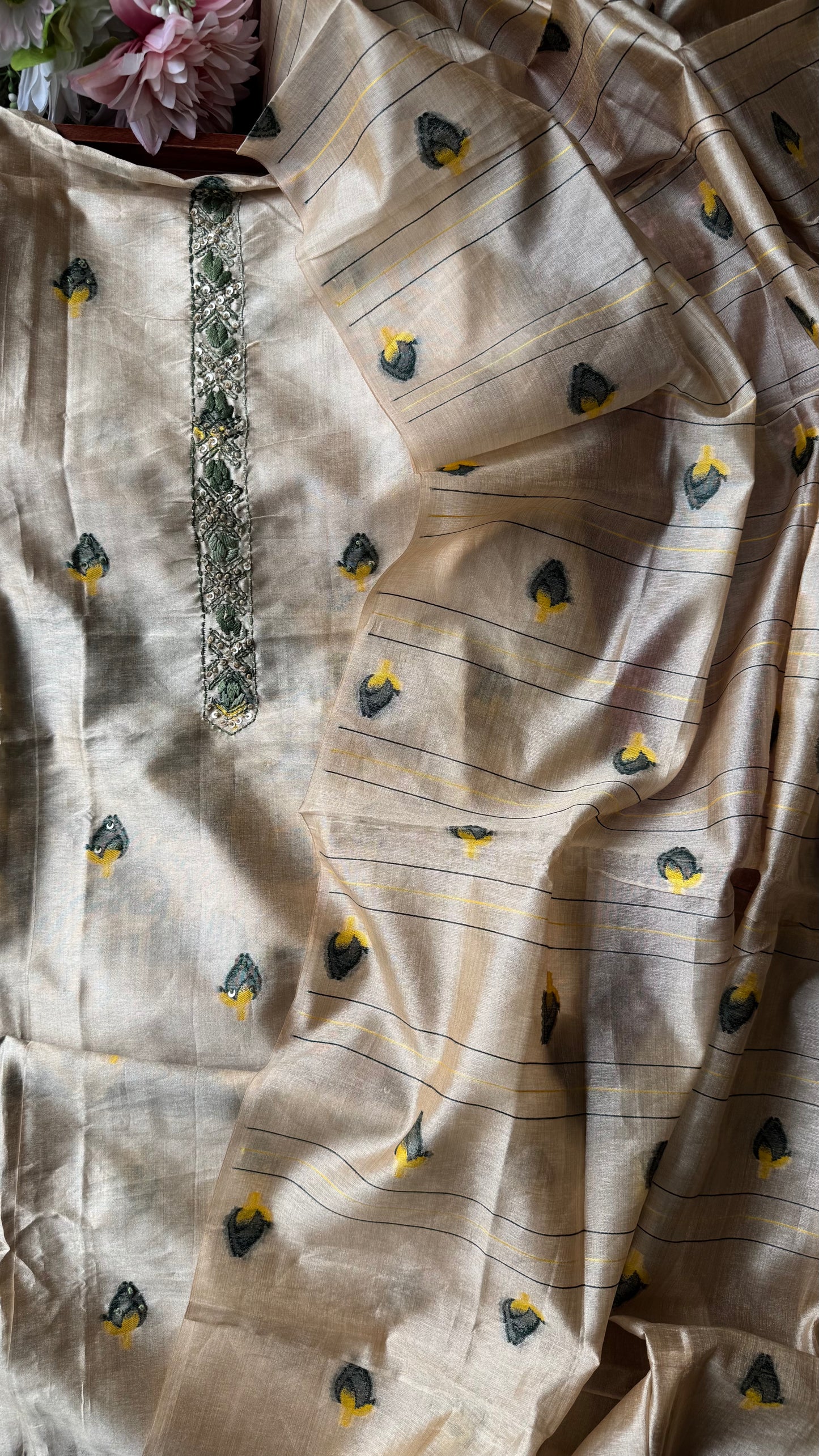 Beige Shade Silk Cotton Suit Set Zari-Thread Work Yoke