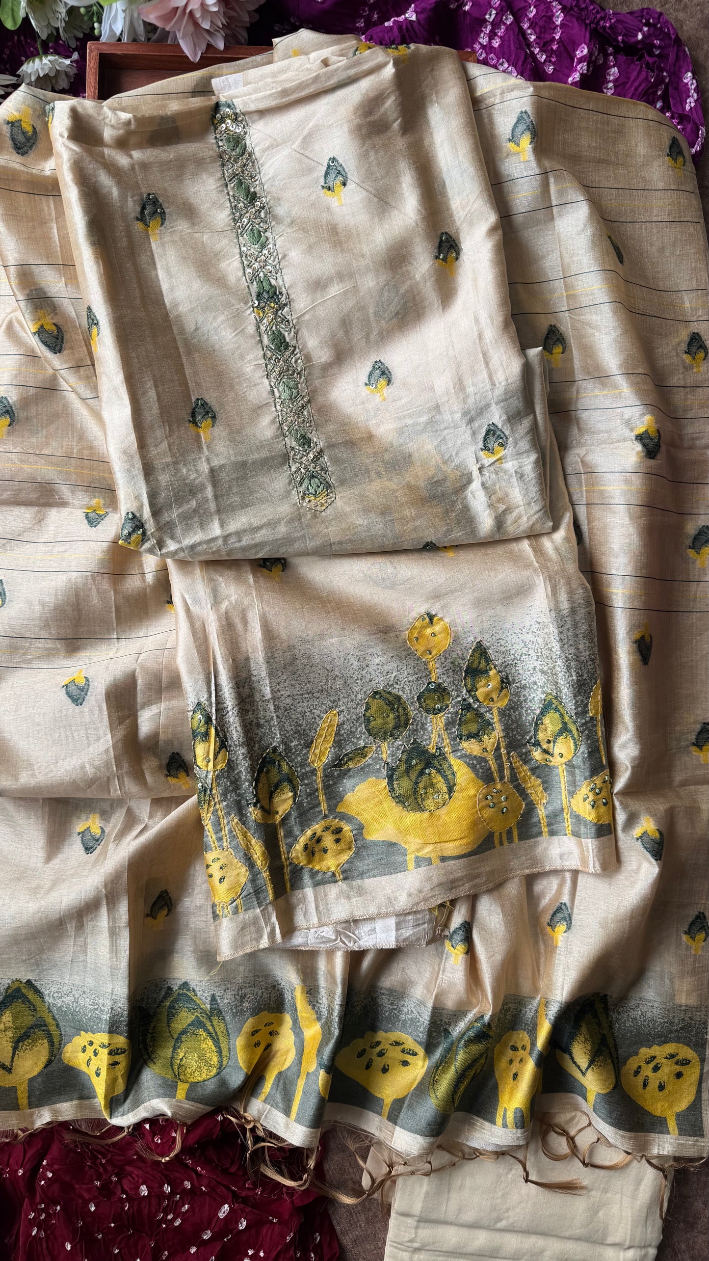 Beige Shade Silk Cotton Suit Set Zari-Thread Work Yoke